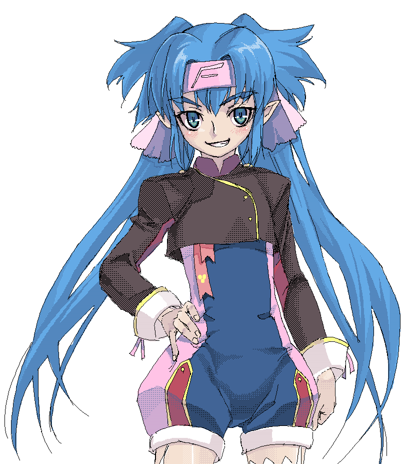 satou atsuki, klan klein, macross, macross frontier, 00s, blue eyes, blue hair, blush, headband, long hair, pointy ears, solo