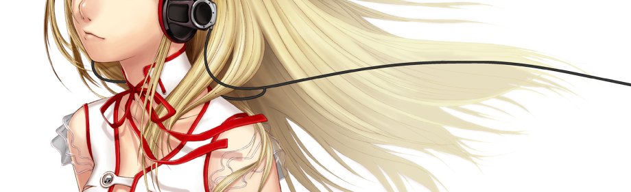 el (djmax), djmax, djmax portable, non-web source, 1girl, blonde hair, female focus, head out of frame, headphones, ribbon, simple background, solo