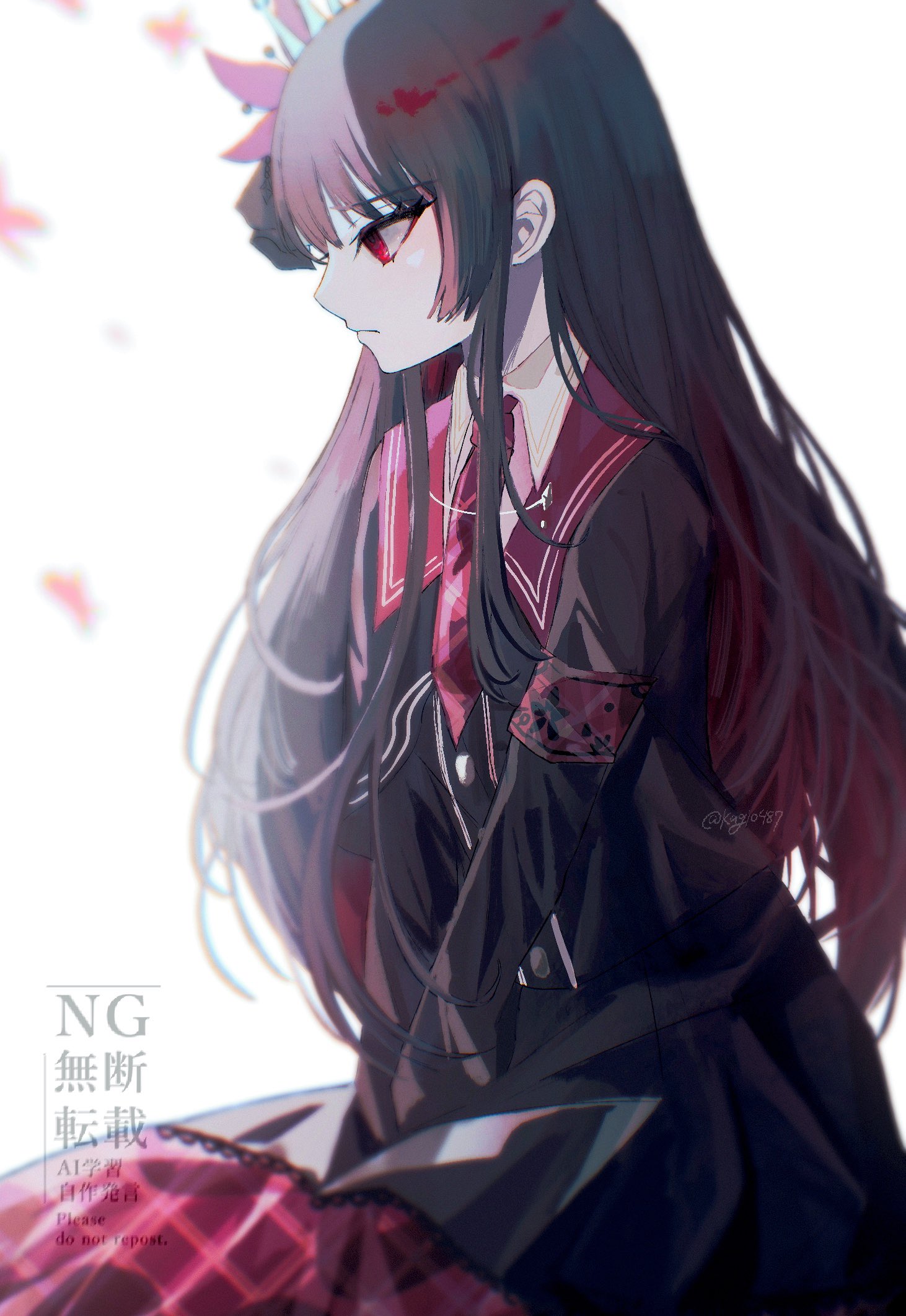 kagi0487 (weiss 9610), nikaidou hiro, mahou shoujo no majo saiban, commentary request, highres, 1girl, armband, black hair, black shirt, black skirt, closed mouth, flower, from side, hair flower, hair ornament, long hair, long sleeves, magical girl, necktie, pleated skirt, profile, red armband, red eyes, red flower, red necktie, shirt, simple background, sitting, skirt, solo, white background