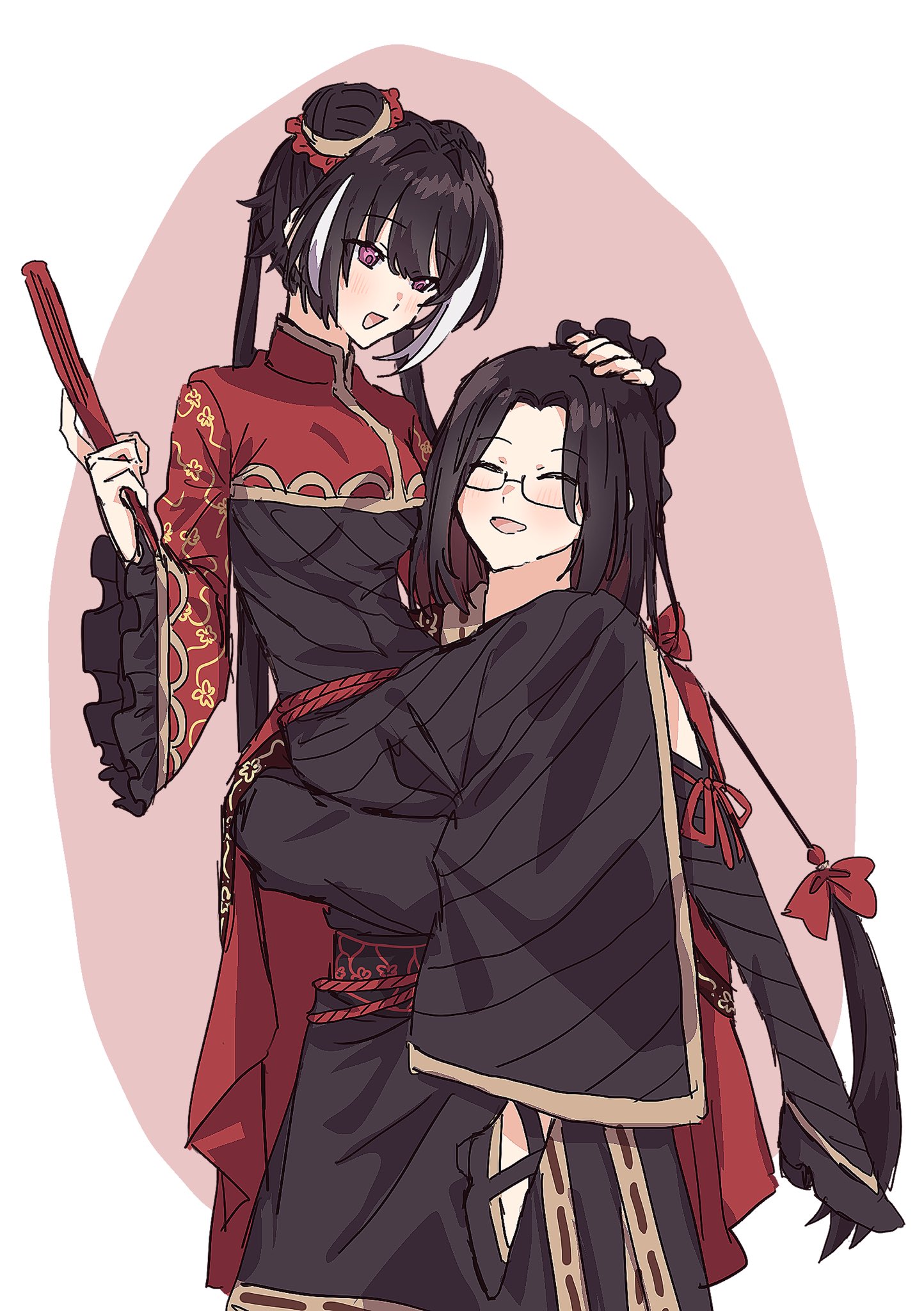 xxed h, jia xichun (project moon), limbus company, project moon, highres, 1boy, 1girl, :d, black dress, black hair, black shoes, breasts, chinese clothes, closed eyes, coat, coat on shoulders, double bun, dress, full body, glasses, hair bun, hand fan, holding, holding fan, long hair, long sleeves, looking at another, multicolored hair, open mouth, pink background, pink eyes, red coat, red shrug, rope belt, shoes, simple background, sitting, smile, streaked hair, twintails, upper body, wei (project moon), white streaks
