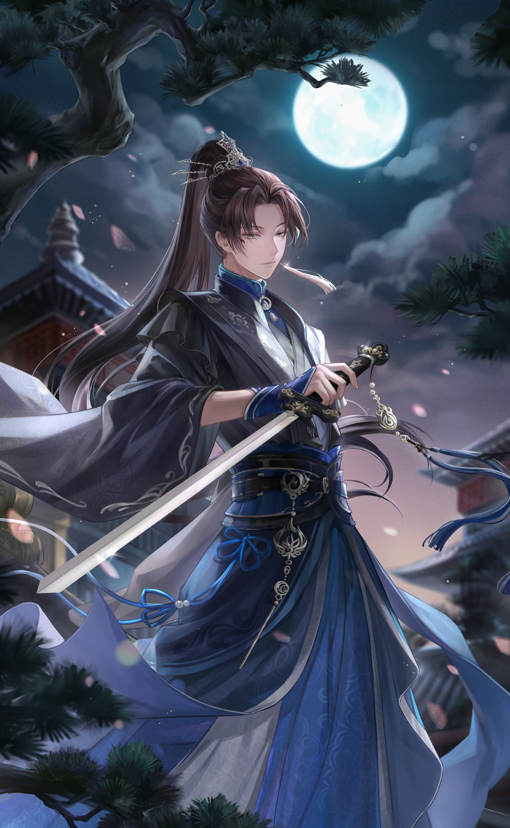 nikki (series), shining nikki, artist request, game cg, highres, official art, 1boy, architecture, black robe, blue hanfu, blue ribbon, bonsai, bracer, brown hair, chinese clothes, chinese hairpin, closed mouth, cloud, crimson dust (shining nikki), east asian architecture, expressionless, feet out of frame, floating clothes, frilled sleeves, frills, full moon, gradient sky, hair ornament, hairpin, hanfu, high ponytail, holding, holding sword, holding weapon, house, layered sleeves, light particles, lips, long hair, long sleeves, looking at viewer, male focus, mandarin collar, marking on cheek, moon, multiple hairpins, official alternate color, orange sky, outdoors, pants, parted bangs, petals, ponytail, purple eyes, qin yi, ribbon, robe, short over long sleeves, short sleeves, sky, solo, sword, twilight, weapon, white pants, wind