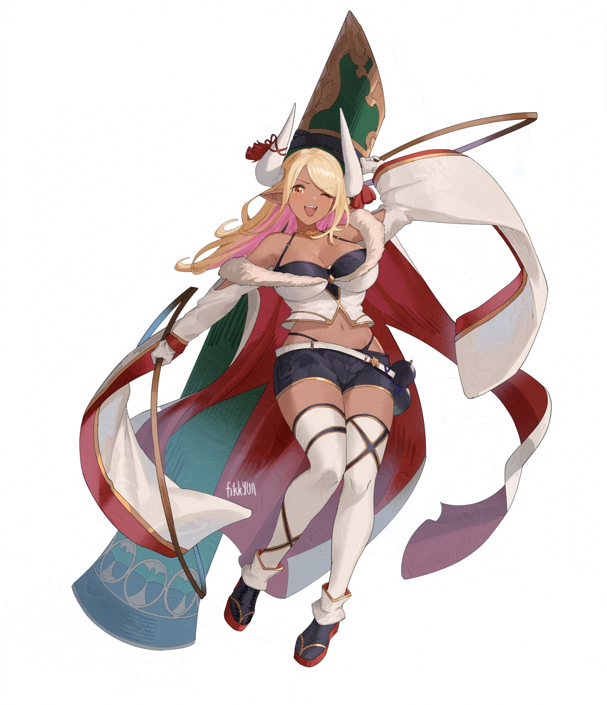 fikkyun, kumbhira (granblue fantasy), granblue fantasy, highres, 1girl, bamboo, bare shoulders, belt, black bra, black panties, black shorts, blonde hair, blush, bra, breasts, cleavage, colored inner hair, full body, gloves, gourd, highleg, highleg panties, horns, large breasts, long hair, looking at viewer, midriff, multicolored hair, navel, off-shoulder shirt, off shoulder, one eye closed, open mouth, orange eyes, panties, pointy ears, sandals, shirt, short shorts, shorts, sign, simple background, solo, thighhighs, underwear, white background, white gloves, white thighhighs, wide sleeves