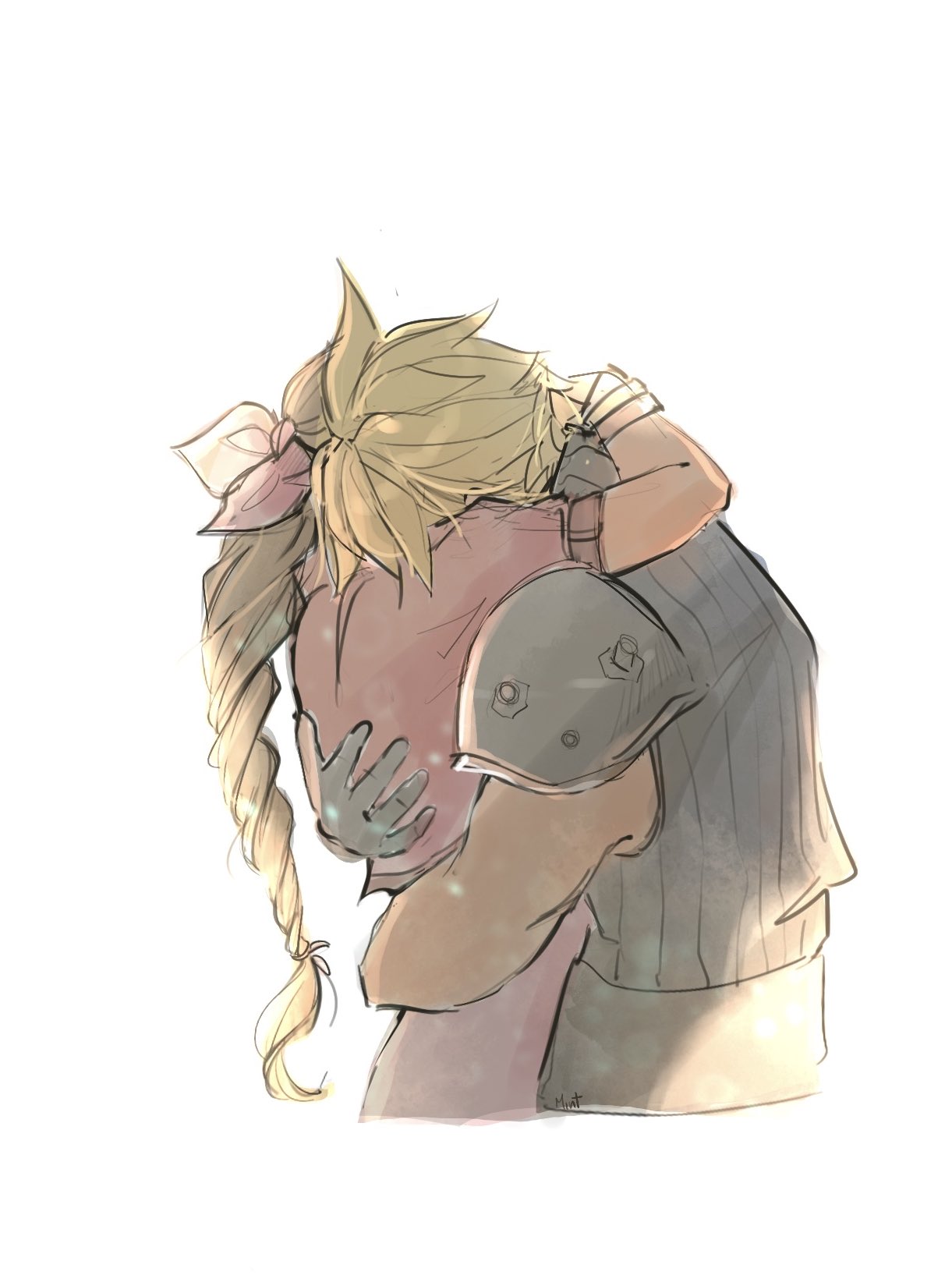 papermint tea, aerith gainsborough, cloud strife, final fantasy, final fantasy vii, final fantasy vii rebirth, final fantasy vii remake, highres, 1boy, 1girl, arm around neck, armor, bangle, belt, blonde hair, bracelet, braid, braided ponytail, brown hair, couple, cropped jacket, cropped torso, dress, hair ribbon, hetero, hug, jacket, jewelry, long hair, pauldrons, pink dress, pink ribbon, red jacket, ribbon, short hair, short sleeves, shoulder armor, single braid, single pauldron, sketch, sleeveless, sleeveless turtleneck, spiked hair, turtleneck, upper body