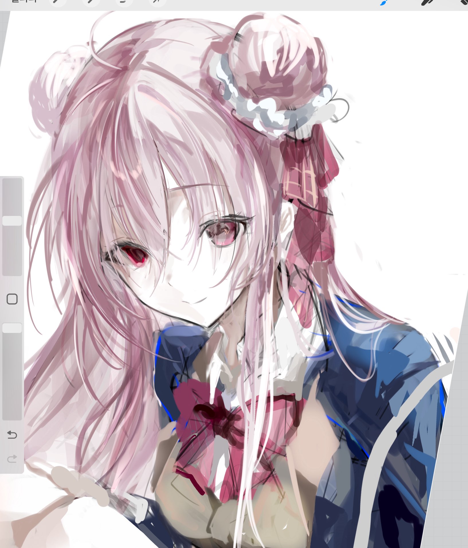 toqha3247, matsuzaka satou, happy sugar life, highres, procreate (medium), 1girl, ahoge, art program in frame, blue jacket, bow, bowtie, brown vest, closed mouth, double bun, eyes visible through hair, hair between eyes, hair bun, hair ribbon, jacket, pale skin, pink hair, plaid ribbon, procreate (software), red bow, red bowtie, red eyes, red ribbon, ribbon, shirt, simple background, sketch, smile, solo, upper body, vest, white background, white shirt