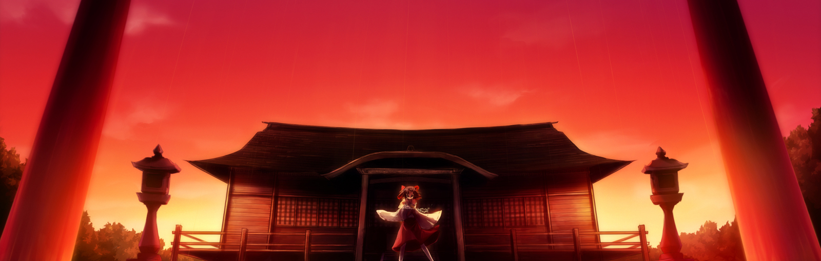 kazakura, hakurei reimu, touhou, highres, long image, wide image, 1girl, bow, brown hair, detached sleeves, female focus, hakurei shrine, japanese clothes, miko, orange theme, outstretched arms, short hair, shrine, solo, spread arms, stone lantern, sunset, torii
