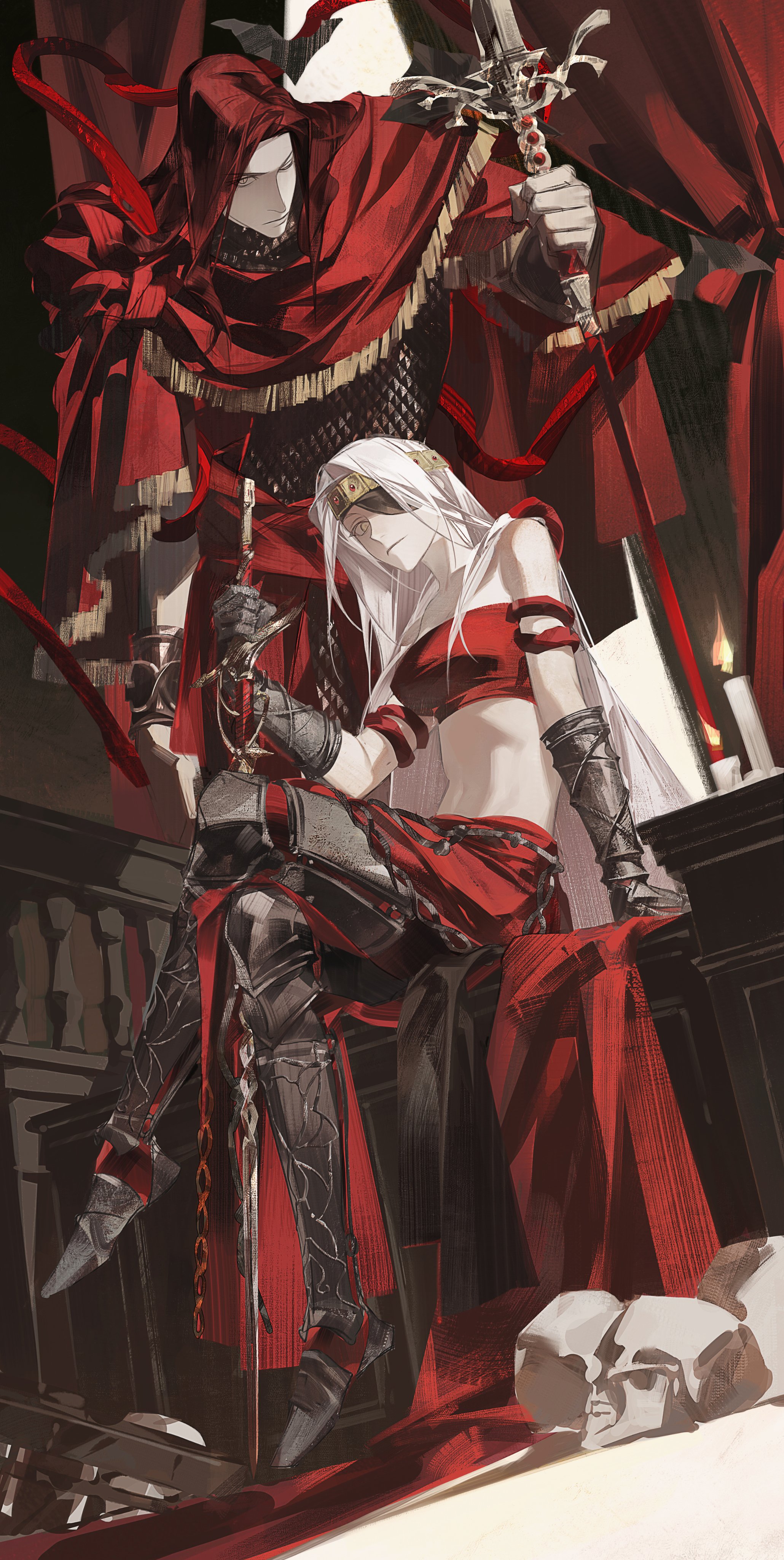 lynnn28208524, messmer the impaler, tarnished (elden ring), elden ring, absurdres, highres, 1boy, 1girl, armor, armored boots, armored gloves, boots, chainmail, circlet, cloak, crop top, crossed legs, eyepatch, full body, gold trim, holding, holding sword, holding weapon, long hair, midriff, one eye closed, parted bangs, red cloak, red hair, red shirt, shirt, sitting, skull, sword, weapon, white hair