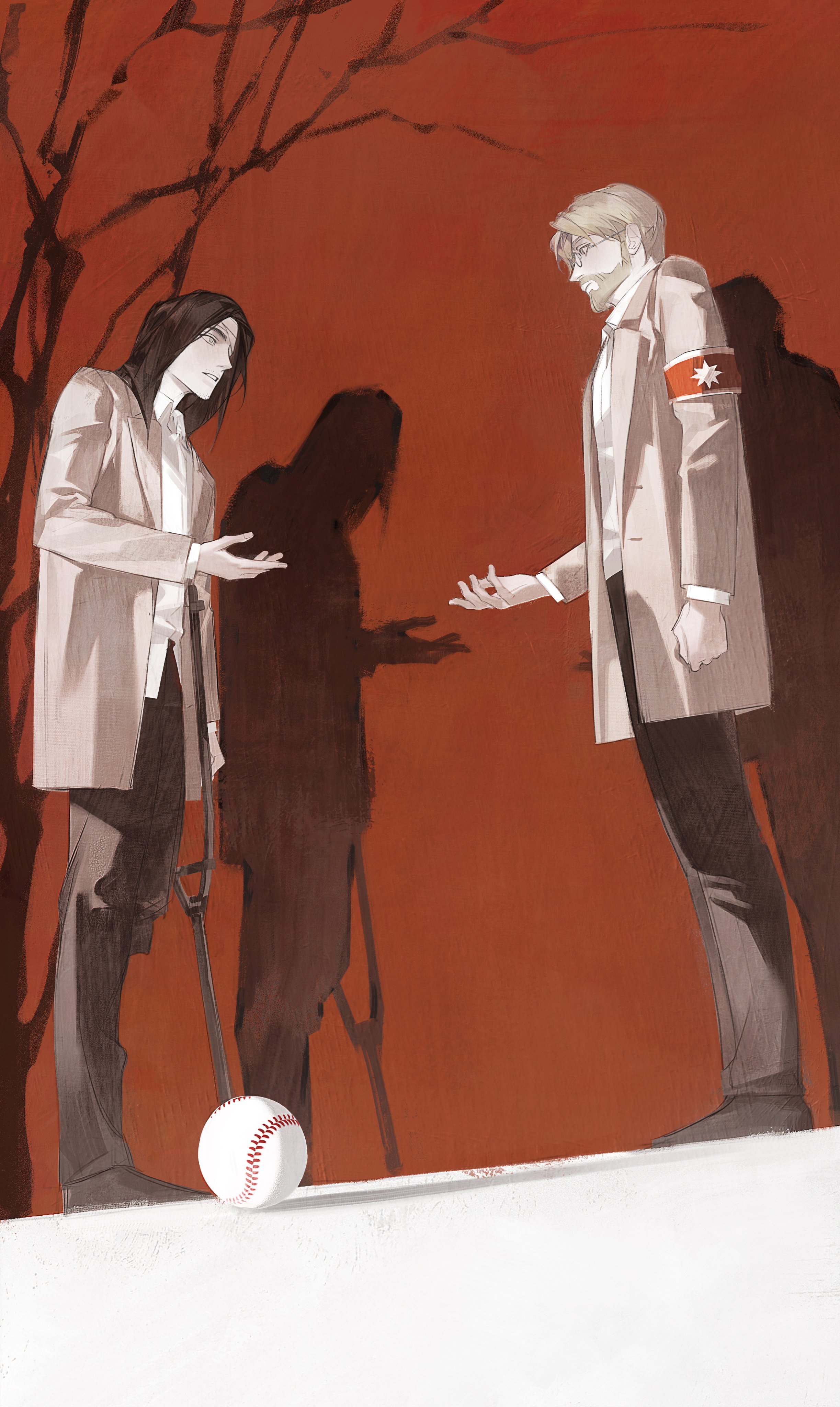 lynnn28208524, eren yeager, zeke yeager, shingeki no kyojin, absurdres, highres, 2boys, armband, bandaged head, bandages, baseball, beard, black pants, black shoes, blonde hair, brothers, brown hair, brown jacket, collared shirt, crutch, facial hair, full body, glasses, jacket, long hair, male focus, multiple boys, outstretched hand, pants, parted lips, red armband, shirt, shoes, short hair, siblings, tree, white shirt