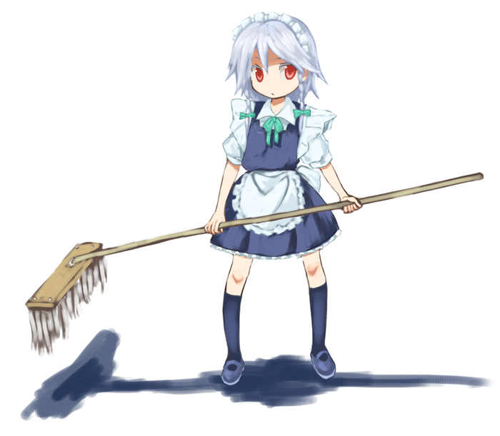 miya (tsumazukanai), izayoi sakuya, embodiment of scarlet devil, touhou, silver hair, 1girl, braid, dress, female focus, full body, maid, mop, red eyes, ribbon, socks, solo, white background