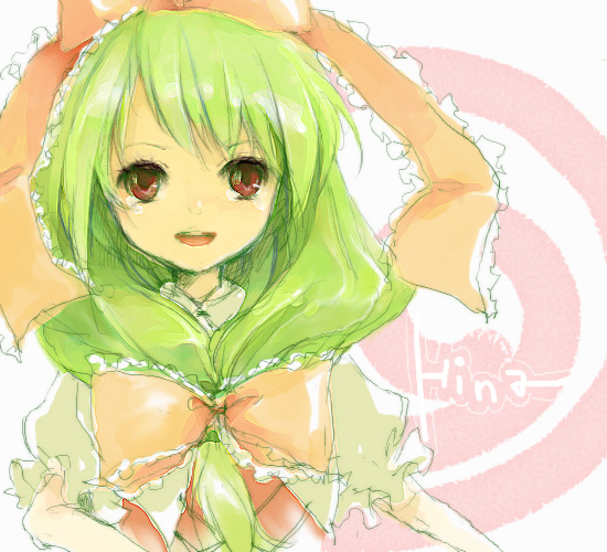 fujiyama, rin (artist), kagiyama hina, touhou, 1girl, female focus, front ponytail, green hair, long hair, red eyes, solo
