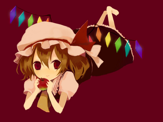 fujiyama, rin (artist), flandre scarlet, touhou, 1girl, apple, barefoot, brown hair, female focus, food, fruit, hat, lying, mob cap, red eyes, smile, solo, wings