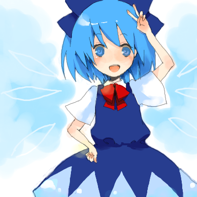 fujiyama, rin (artist), cirno, embodiment of scarlet devil, touhou, lowres, 1girl, blue eyes, blue hair, bow, female focus, hand on own hip, matching hair/eyes, smile, solo, v, wings