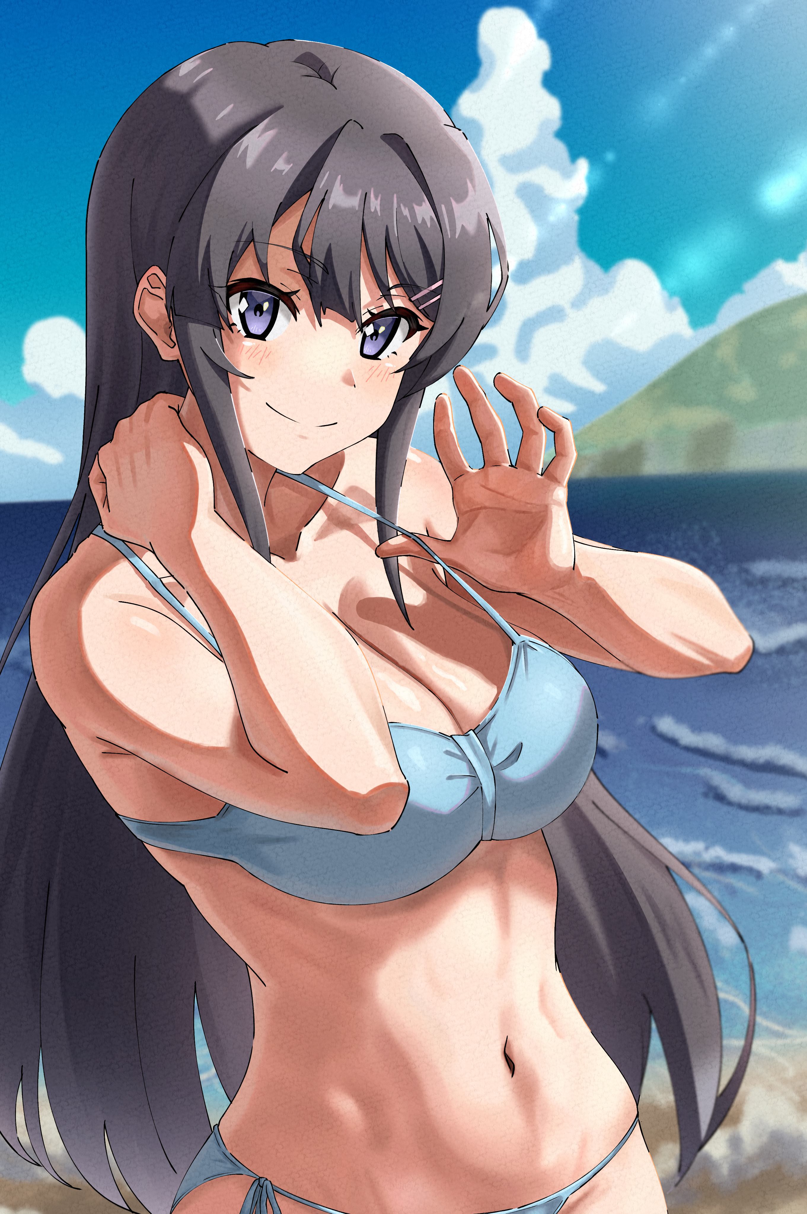 torasansan011, sakurajima mai, seishun buta yarou, absurdres, commentary request, commission, highres, skeb commission, 1girl, beach, bikini, black hair, blue bikini, blue sky, breasts, cleavage, cloud, day, horizon, large breasts, long hair, mountainous horizon, navel, ocean, outdoors, purple hair, side-tie bikini bottom, sky, solo, swimsuit, upper body