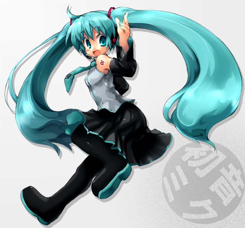 ozaki, salamander (hop-step), hatsune miku, vocaloid, 1girl, blue eyes, blue hair, detached sleeves, female focus, long hair, matching hair/eyes, necktie, solo, thighhighs, twintails