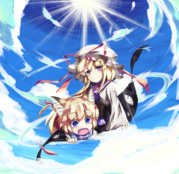aikata, yakumo ran, yakumo yukari, touhou, 2girls, aged down, animal ears, blonde hair, chibi, cloud, day, female focus, fox ears, gap (touhou), happy, hat, hat ribbon, light rays, long sleeves, looking down, multiple girls, no headwear, no nose, open mouth, purple eyes, ribbon, short hair, sky, smile, sunbeam, sunlight, wide sleeves