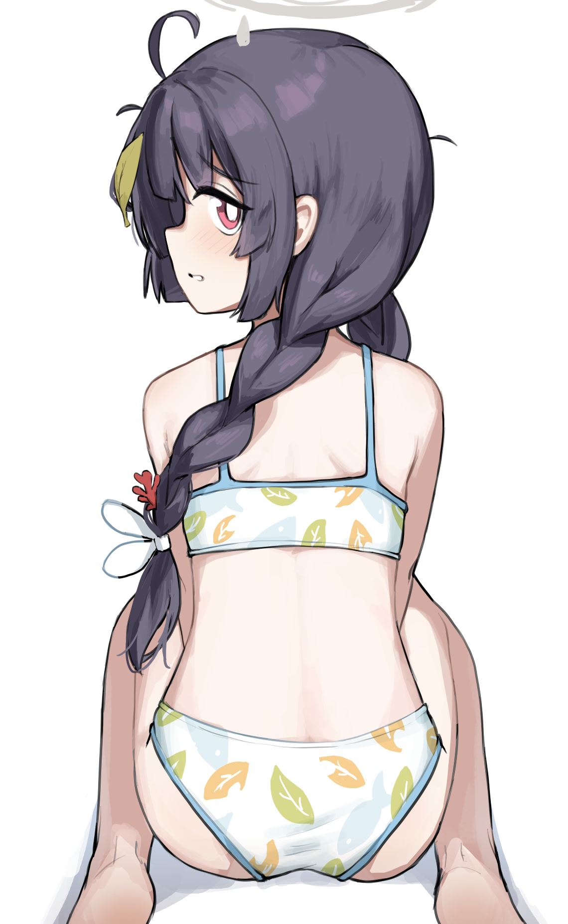 percal, miyu (blue archive), miyu (swimsuit) (blue archive), blue archive, highres, 1girl, ahoge, ass, bikini, black hair, braid, grey halo, halo, leaf, leaf on head, leaf print, long hair, looking at viewer, looking back, official alternate costume, print bikini, red eyes, simple background, sitting, solo, swimsuit, twin braids, wariza, white background, white bikini