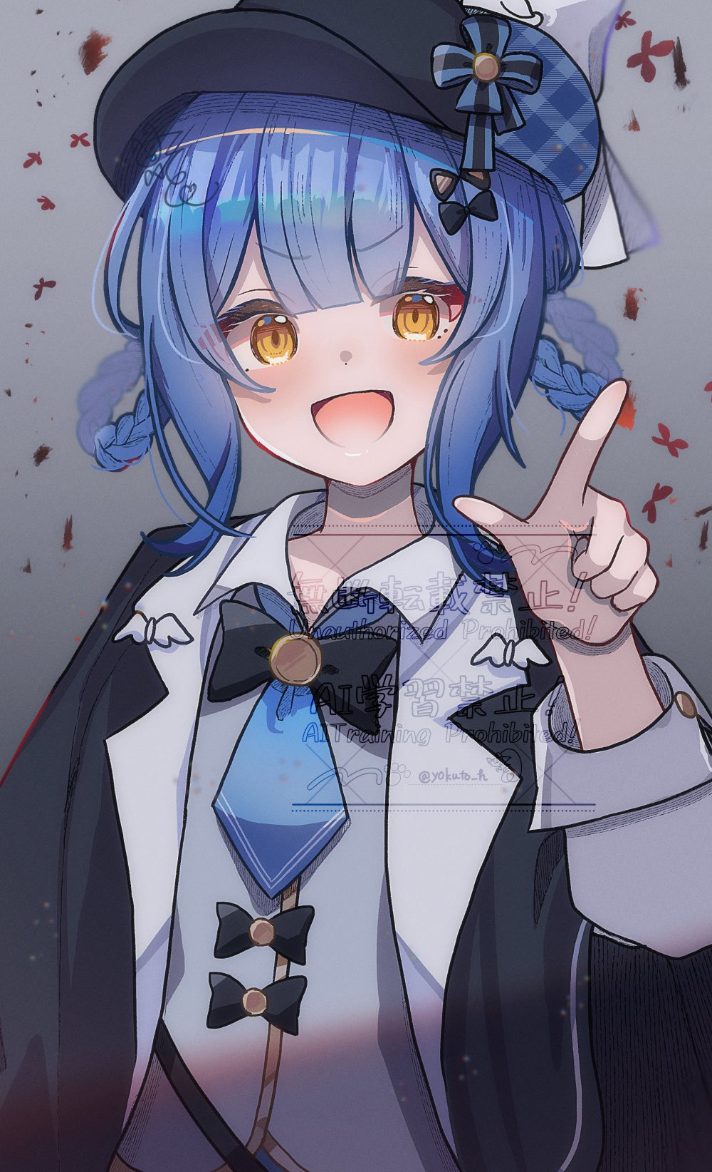 yokuto, tachibana sherry, mahou shoujo no majo saiban, highres, 1girl, :d, black capelet, black hat, blue hair, blue necktie, blunt bangs, braid, braided hair rings, bug, butterfly, capelet, collared shirt, deerstalker, detective, grey background, hair rings, hand up, hat, index finger raised, insect, long sleeves, looking at viewer, magical girl, necktie, open mouth, red butterfly, shirt, short hair, smile, solo, upper body, yellow eyes