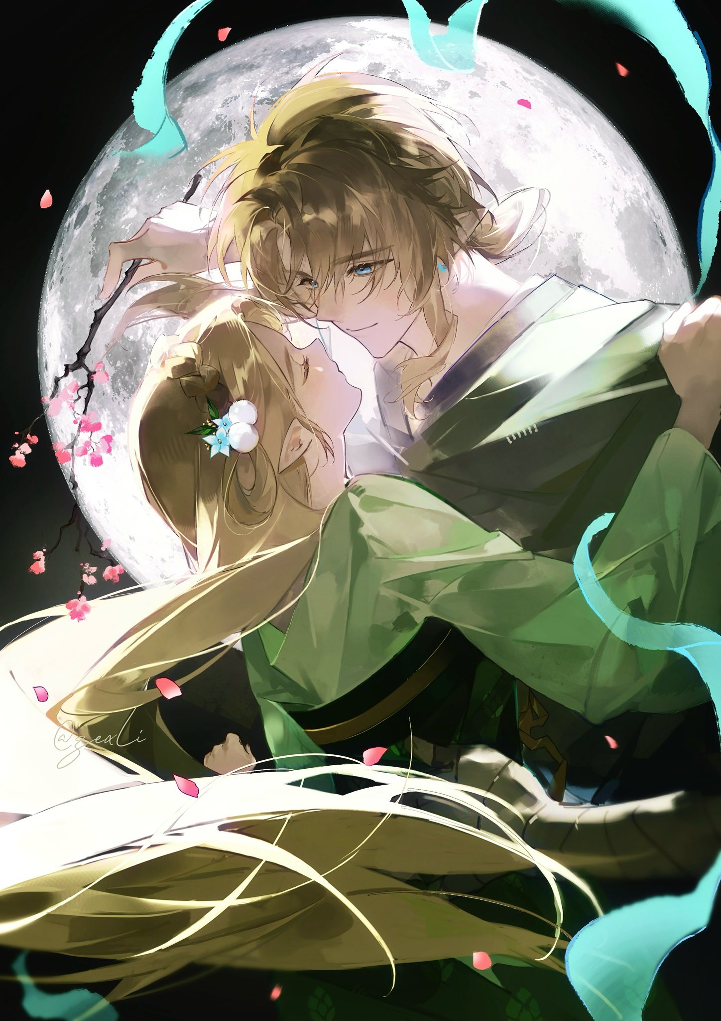 zexli qiu, link, princess zelda, nintendo, the legend of zelda, the legend of zelda: breath of the wild, highres, 1boy, 1girl, alternate costume, blue eyes, braid, branch, cherry blossoms, closed eyes, closed mouth, couple, crown braid, earrings, falling petals, flower, full moon, green kimono, hair between eyes, hair flower, hair ornament, hetero, holding, holding branch, imminent kiss, japanese clothes, jewelry, kimono, long hair, looking at another, low ponytail, moon, parted bangs, petals, pink petals, pointy ears, ponytail, sidelocks, silent princess, smile, twintails, upper body