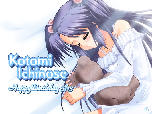 tetoran, ichinose kotomi, clannad, 00s, 1girl, character name, closed eyes, happy birthday, lingerie, nightgown, sleeping, stuffed animal, stuffed toy, teddy bear, underwear