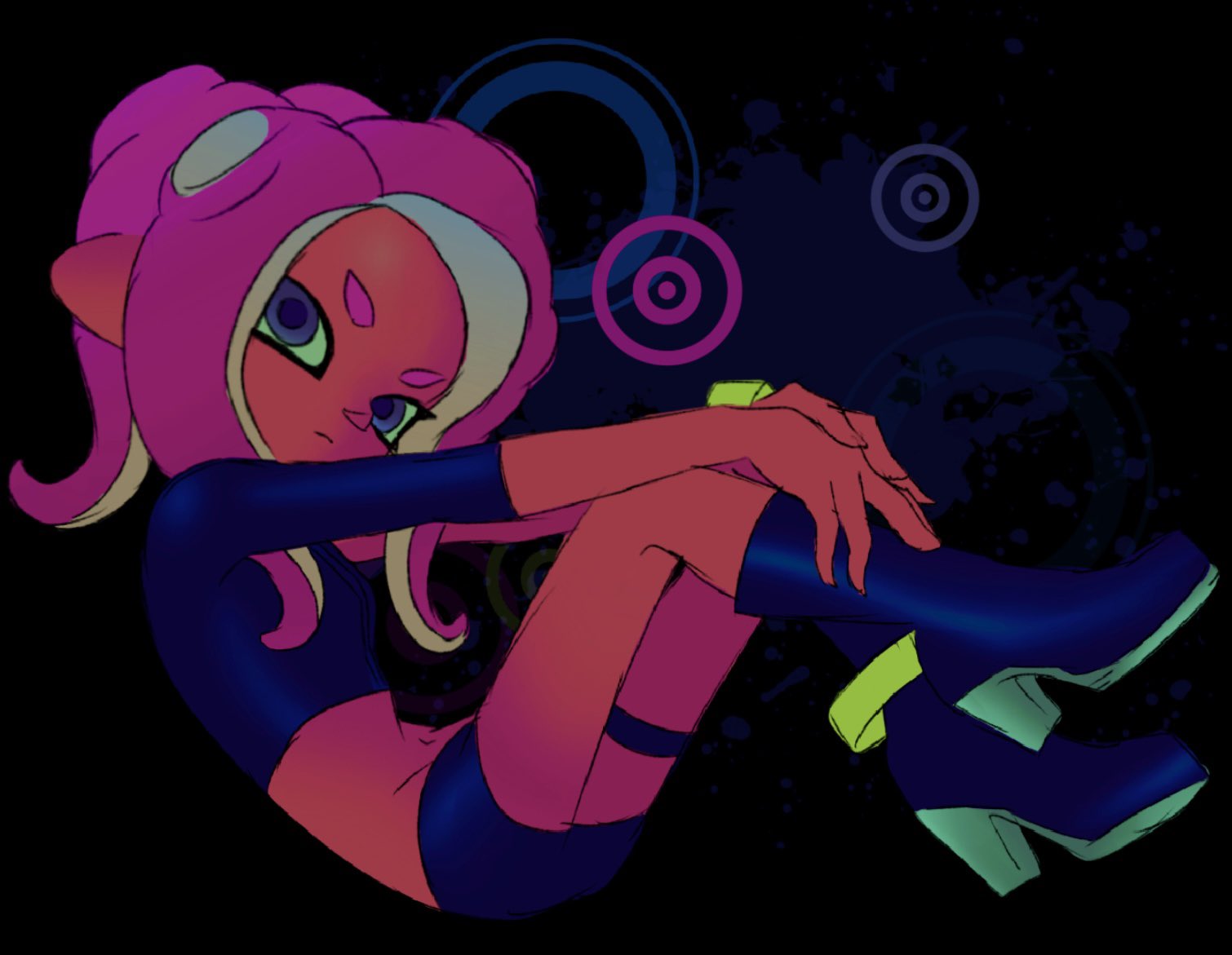 agent 8 (splatoon), nintendo, splatoon (series), splatoon 2, 1girl, black background, black shorts, boots, bracelet, circle, closed mouth, crop top, expressionless, full body, grey eyes, hands on own legs, invisible chair, jewelry, legs up, looking at viewer, medium hair, octoling, pink hair, platform boots, platform shoes, shirt, short eyebrows, shorts, sidelocks, simple background, sitting, solo, suction cups, tentacle hair, thick eyebrows, thighlet, three-quarter sleeves, wamairii