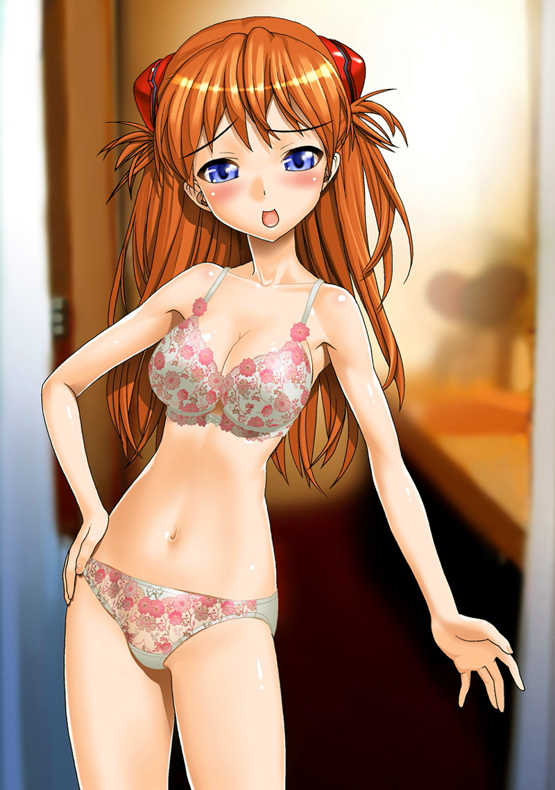 black olive, sugaishi, sugaishi (unbr), souryuu asuka langley, neon genesis evangelion, 1girl, blue eyes, blush, bra, breasts, cleavage, female focus, floral print, hand on own hip, hip focus, large breasts, lingerie, long hair, orange hair, panties, red hair, see-through clothes, solo, underwear, underwear only