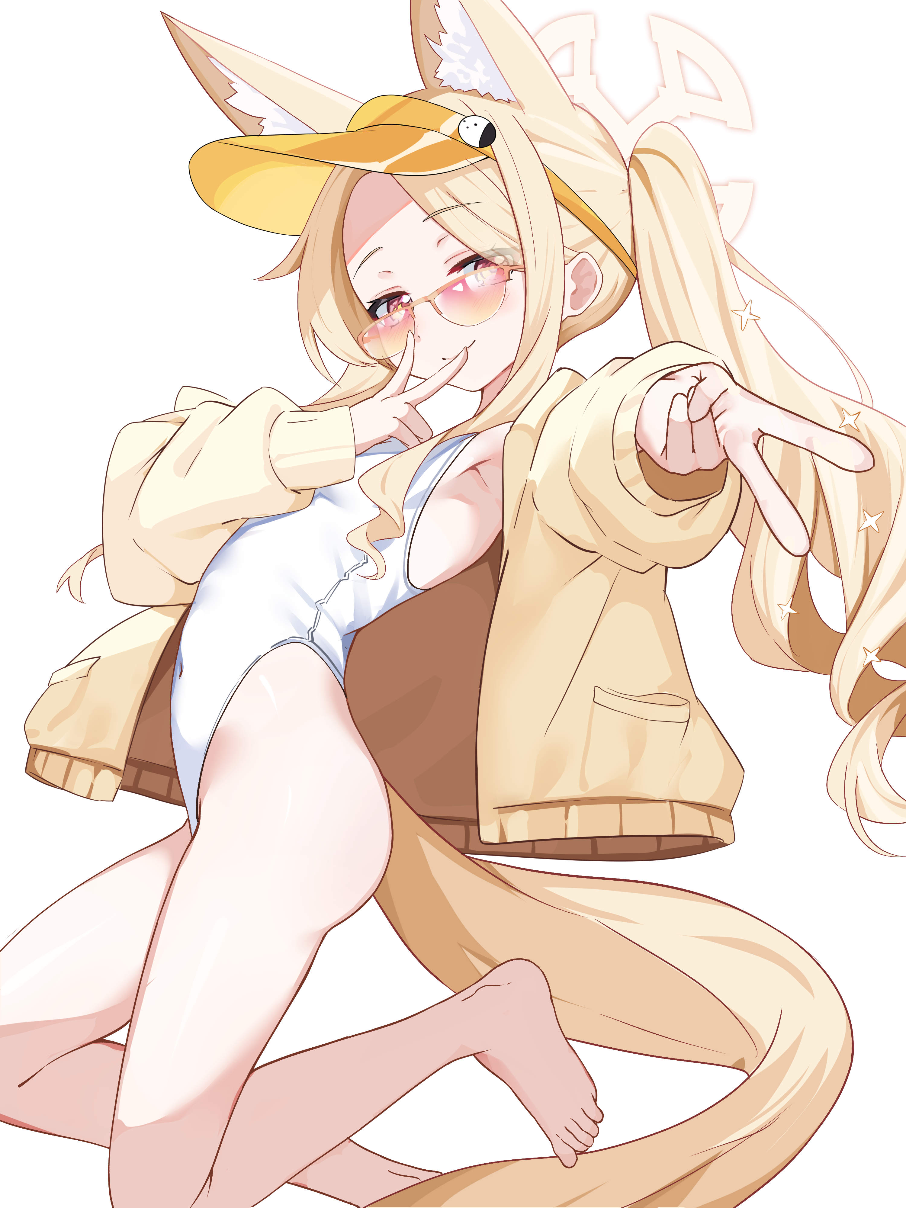 april aries, seia (blue archive), seia (swimsuit) (blue archive), blue archive, absurdres, commentary, highres, 1girl, animal ear fluff, animal ears, barefoot, blonde hair, breasts, covered navel, cross halo, diamond cutout, fox ears, fox girl, fox tail, gyaru v, halo, highleg, highleg one-piece swimsuit, jacket, long hair, official alternate costume, official alternate hairstyle, one-piece swimsuit, orange-tinted eyewear, orange eyes, side ponytail, simple background, small breasts, smile, solo, sunglasses, swimsuit, tail, tinted eyewear, v, visor cap, white background, white one-piece swimsuit, yellow halo, yellow jacket, yellow visor