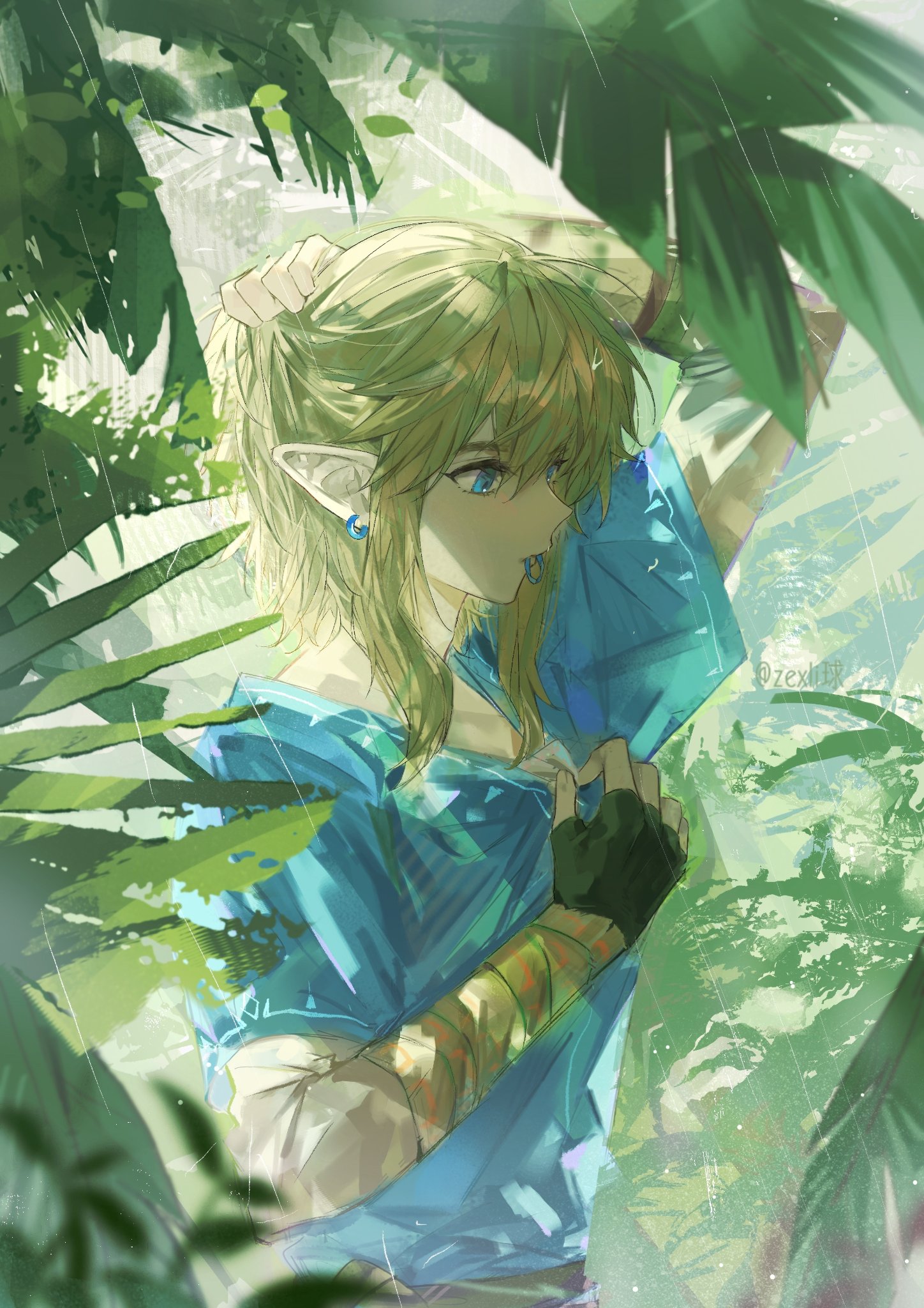 zexli qiu, link, nintendo, the legend of zelda, the legend of zelda: breath of the wild, highres, 1boy, aqua eyes, aqua tunic, black gloves, blonde hair, earrings, fingerless gloves, forest, gloves, hair between eyes, hair tie, hair tie in mouth, hand in own hair, jewelry, male focus, medium hair, mouth hold, nature, pointy ears, sidelocks, solo, tunic, twitter username, tying hair, upper body, wet