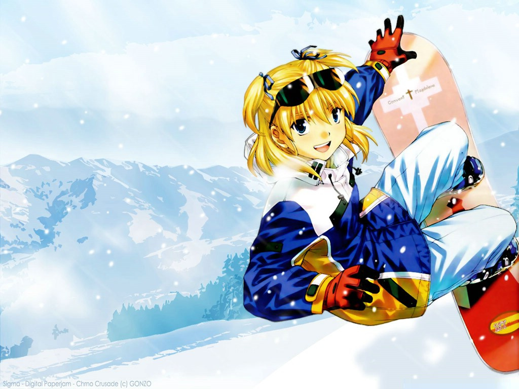 moriyama daisuke, rosette christopher, chrno crusade, official art, official wallpaper, third-party edit, 1girl, :d, blonde hair, blue eyes, blush, breath, cloud, dutch angle, eyewear on head, female focus, gloves, hair ribbon, jacket, jumping, lens flare, mountain, nature, open mouth, outdoors, ribbon, short hair, short twintails, sky, smile, snow, snowboard, solo, sunglasses, twintails