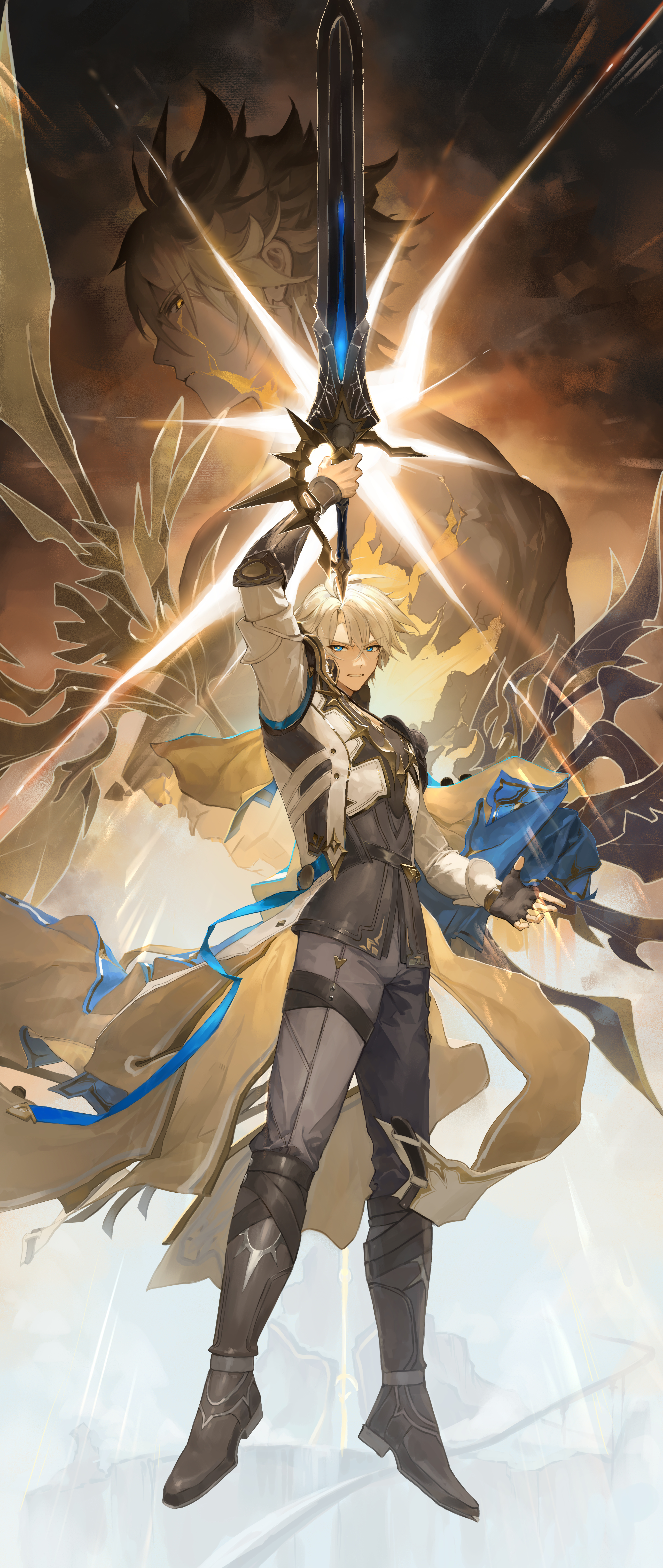 miaooon, phainon (honkai: star rail), phainon (khaslana) (honkai: star rail), honkai: star rail, honkai (series), absurdres, chinese commentary, commentary request, highres, 2boys, alternate form, antenna hair, arm up, armor, black boots, black choker, black gloves, black pants, black shirt, blonde hair, blue cape, boots, cape, choker, coat, cracked skin, dual persona, fingerless gloves, floating cape, gloves, hair between eyes, hand up, holding, holding sword, holding weapon, knee boots, male focus, multiple boys, pants, parted bangs, pauldrons, shirt, short hair, shoulder armor, single glove, single pauldron, sword, thigh strap, torn clothes, torn shirt, v-shaped eyebrows, weapon, white coat, white hair, yellow blood, yellow eyes