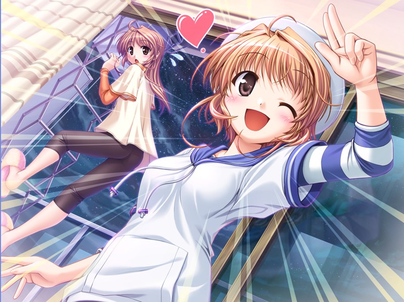 bekkankou, yuuki haruna, yuuki kanade, fortune arterial, 2girls, brown hair, hat, heart, long hair, multiple girls, shirt, short hair, t-shirt