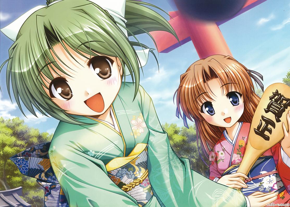 bekkankou, takamizawa natsuki, tooyama midori, august soft, yoake mae yori ruri iro na, 2girls, blue eyes, blush, brown eyes, brown hair, green hair, japanese clothes, kimono, long hair, multiple girls, ponytail, ribbon, short hair, sky, torii