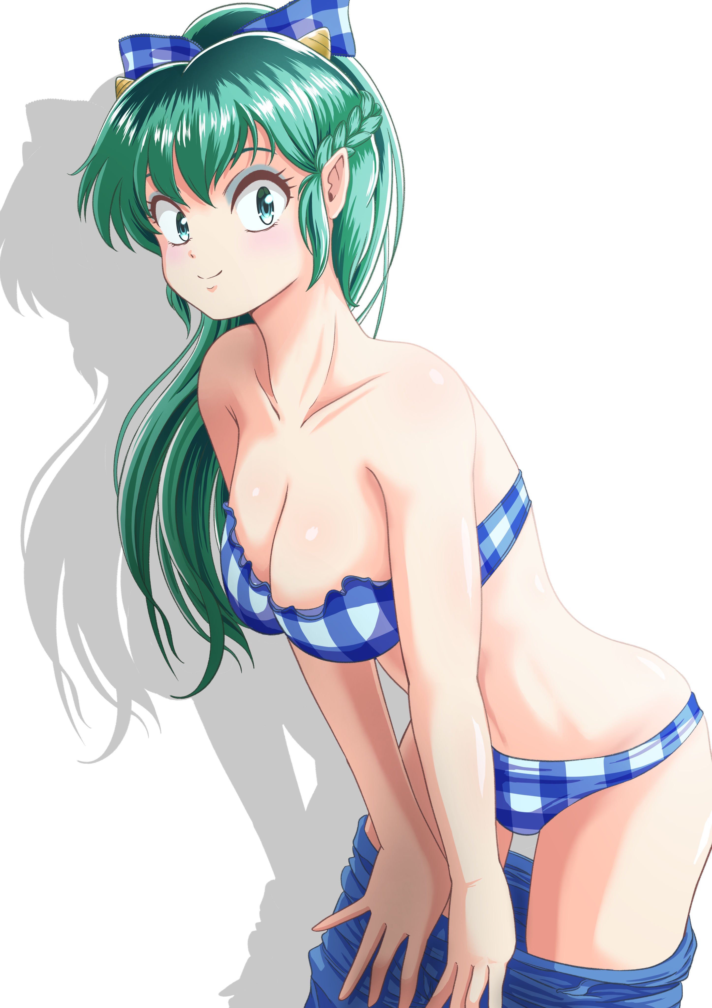 takinomori momiji, lum, urusei yatsura, absurdres, commentary request, highres, 1girl, bikini, blue bikini, blue bow, blue bowtie, bow, bowtie, braid, breasts, cleavage, collarbone, cone horns, gingham bikini, green eyes, green hair, hair bow, half up braid, horns, medium breasts, pointy ears, smile, solo, strapless, strapless bikini, swimsuit, undressing