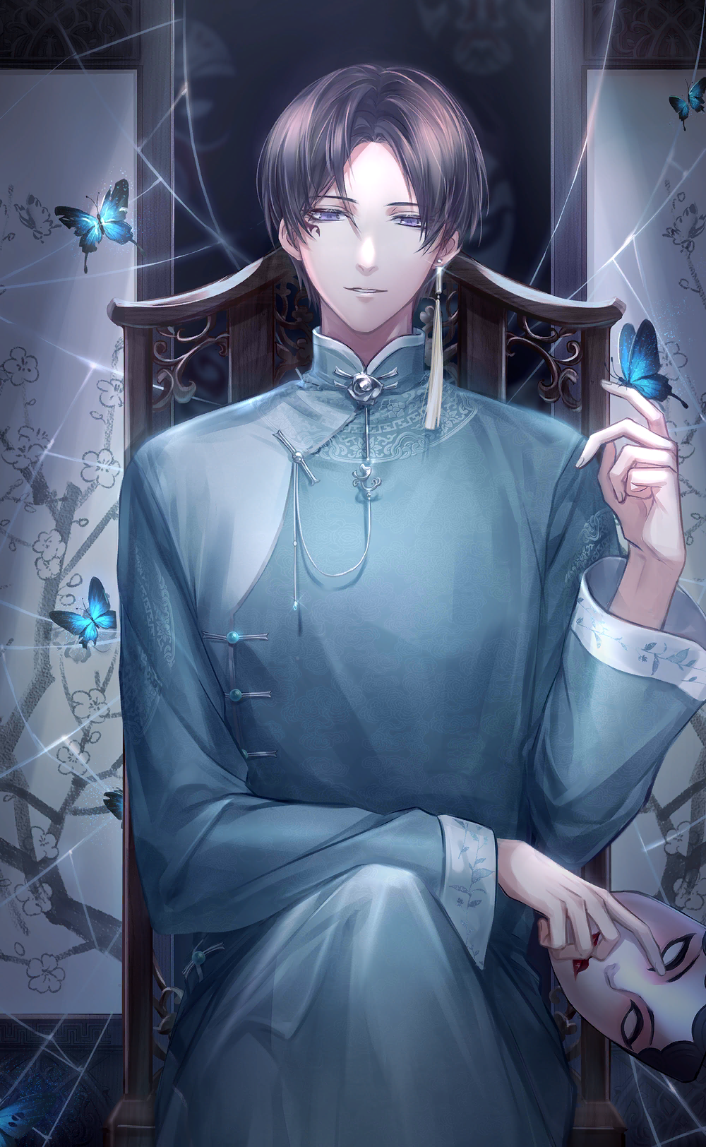 nikki (series), shining nikki, artist request, game cg, highres, official art, 1boy, blue butterfly, blue changpao, branch, brown hair, bug, butterfly, butterfly on hand, chair, changpao, cherry blossoms, chinese clothes, cowboy shot, crossed legs, earrings, floral print, happy, holding, holding mask, indoors, insect, jewelry, lips, long sleeves, looking at viewer, male focus, marking on cheek, mask, on chair, parted bangs, parted lips, purple eyes, qin yi, short hair, silk, single earring, sitting, smile, solo, spider web, spotlight, straight-on, tassel, tassel earrings