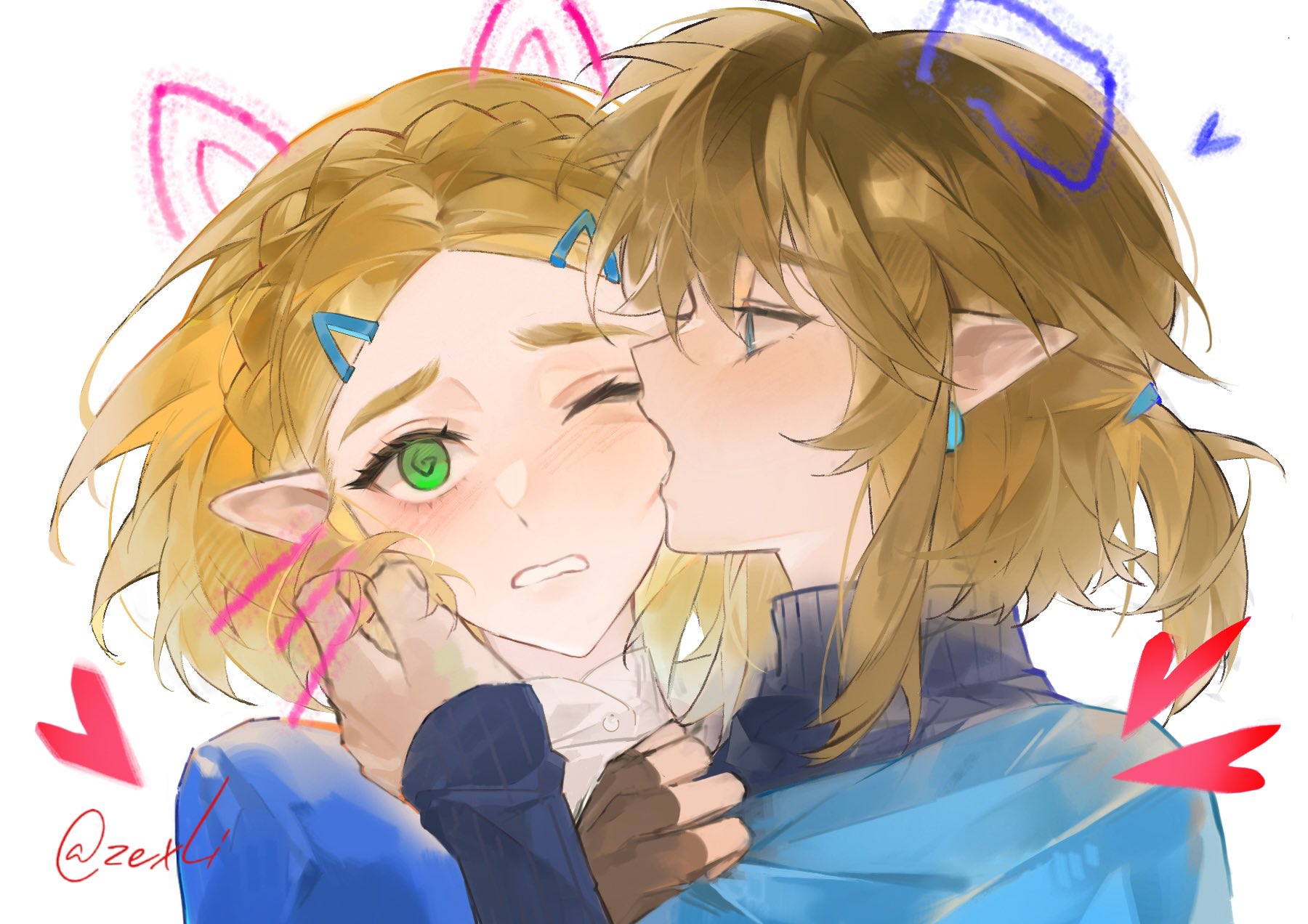 zexli qiu, link, princess zelda, nintendo, the legend of zelda, the legend of zelda: tears of the kingdom, highres, 1boy, 1girl, animal ears, aqua eyes, aqua tunic, biting, biting cheek, blonde hair, blue shirt, blush, braid, brown gloves, cat ears, couple, crown braid, dog ears, earrings, fingerless gloves, gloves, green eyes, hair between eyes, hair ornament, hair tie, hairclip, hand in another's hair, hetero, jewelry, kemonomimi mode, looking at another, low ponytail, medium hair, one eye closed, parted bangs, pointy ears, ponytail, shirt, short hair, sidelocks, sketch, tunic, twitter username, upper body, wavy mouth, white background