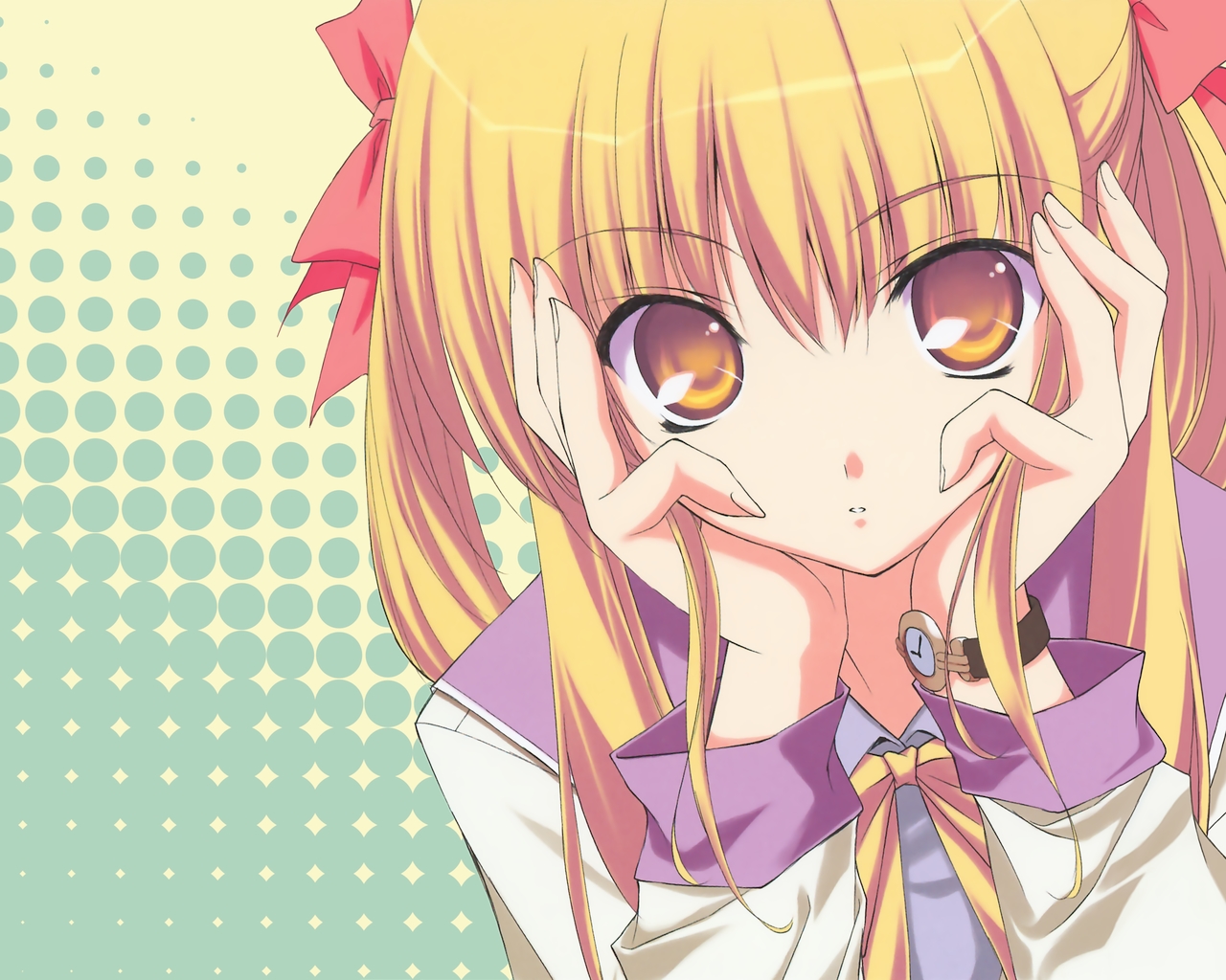 fumio (ura fmo), 1girl, blonde hair, clock, female focus, halftone, halftone background, hands on own face, looking at viewer, ribbon, short hair, solo, staring, twintails, watch, wristwatch, yellow eyes