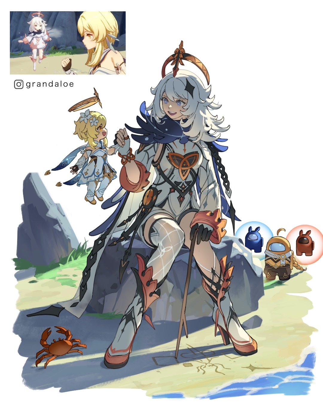 grandaloe, abyss mage (genshin impact), aether (genshin impact), blue (among us), crewmate (among us), lumine (genshin impact), paimon (genshin impact), red (among us), among us, genshin impact, commentary, english commentary, highres, 1boy, 2girls, 2others, aged down, aged up, ahoge, beach, black boots, black gloves, black pants, black shirt, blonde hair, blue cape, boots, braid, braided ponytail, bright pupils, brother and sister, cape, chain, crab, crop top, crossover, detached sleeves, fingerless gloves, game screenshot inset, gloves, gold trim, grey eyes, hair between eyes, hair ornament, halo, hand up, high heel boots, high heels, holding, holding hands, holding stick, instagram logo, instagram username, long hair, long sleeves, looking at another, multiple girls, multiple others, on rock, open mouth, outdoors, pants, reference inset, rock, role reversal, romper, sand, scarf, shirt, siblings, single thighhigh, sitting, smile, star (symbol), star hair ornament, stick, teeth, thighhighs, upper teeth only, water, white boots, white gloves, white hair, white pupils, white romper, white scarf, white thighhighs, yellow eyes