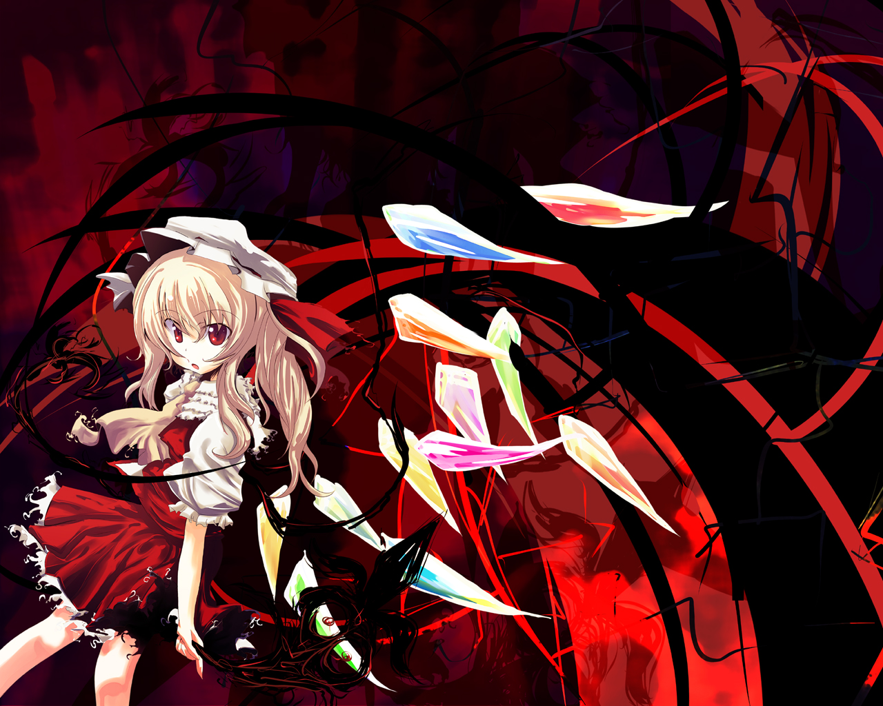 asagi (kabocha oukoku), hisago (pixiv), flandre scarlet, touhou, bad id, bad pixiv id, 1girl, blonde hair, female focus, hair between eyes, hat, laevatein, mob cap, ponytail, red background, ribbon, short hair, solo, white hat, wings