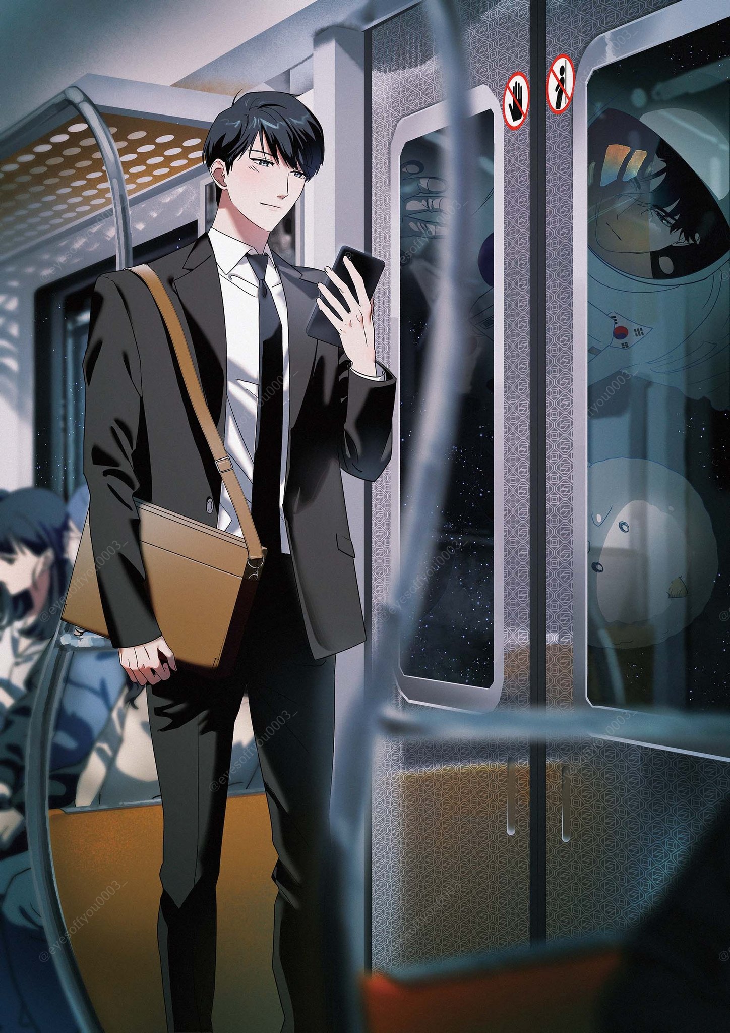 biyoo (omniscient reader's viewpoint), dokkaebi, kim dokja, yoo joonghyuk, omniscient reader's viewpoint, highres, 1other, 2boys, against glass, bag, black coat, black eyes, black hair, black necktie, blurry, blurry foreground, blush, coat, collared shirt, eyesoffyou0003, feet out of frame, gloves, helmet, holding, holding phone, looking at another, looking at phone, multiple boys, necktie, official alternate costume, phone, serious, shirt, short hair, shoulder bag, sky, south korean flag, space, space helmet, spacesuit, standing, star (sky), starry sky, train, train interior, white gloves, white shirt