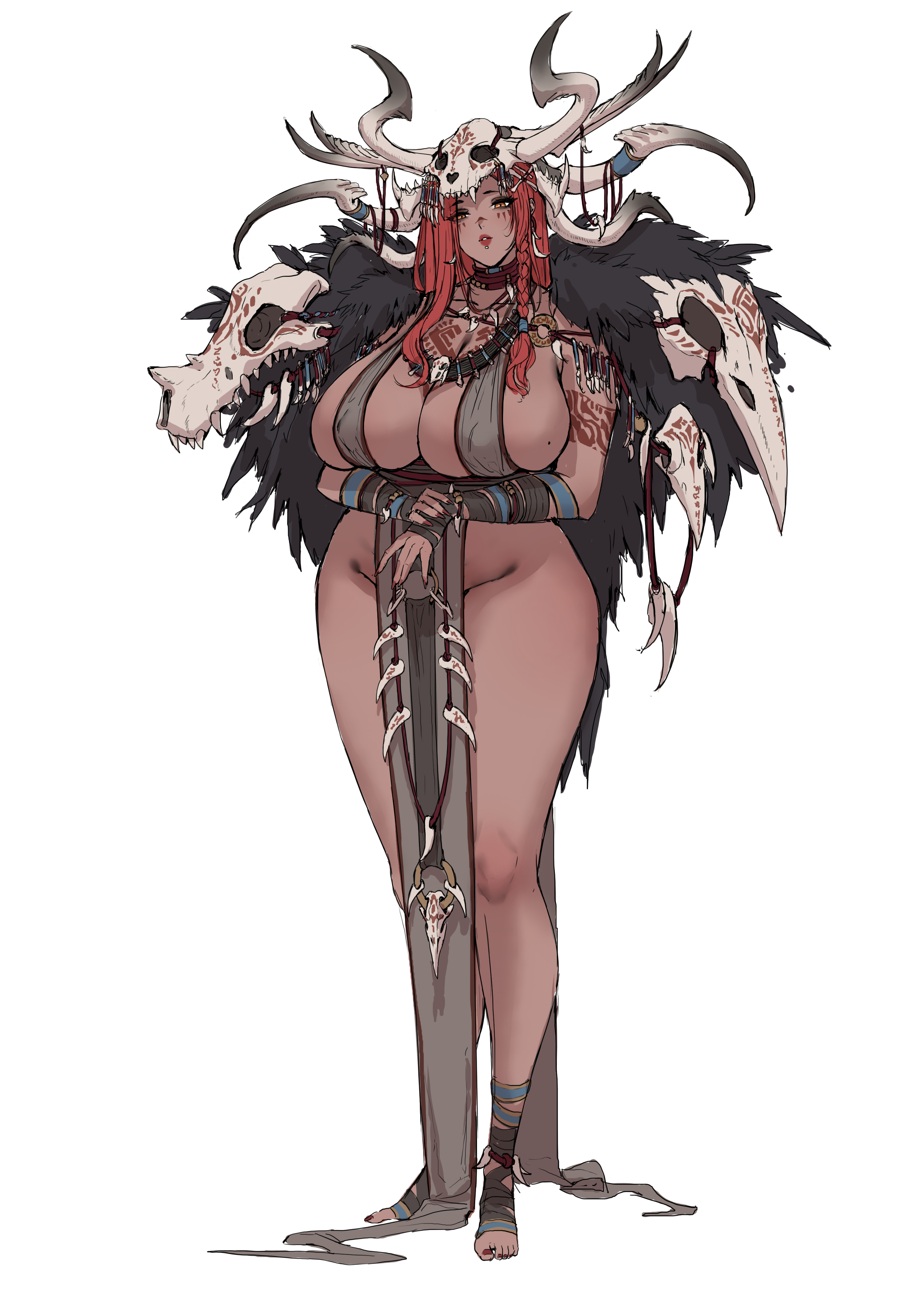 hui z jie, original, absurdres, commentary request, highres, 1girl, arm tattoo, breasts, curvy, dark-skinned female, dark skin, full body, horns, huge breasts, long hair, looking at viewer, mature female, mole, mole on breast, multiple horns, no bra, no panties, parted lips, pelvic curtain, red hair, revealing clothes, shaman, sideboob, simple background, skull, solo, tattoo, white background