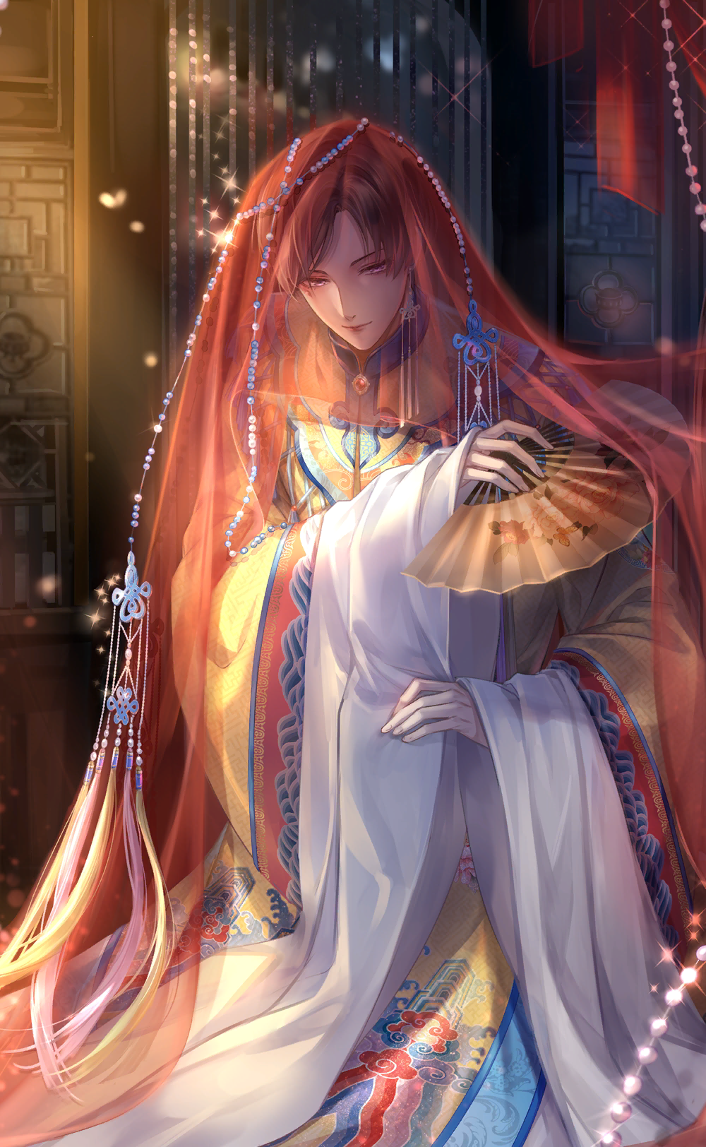 nikki (series), shining nikki, artist request, game cg, highres, official art, 1boy, beads, blue ribbon, brown hair, closed mouth, cloud print, curtains, earrings, eyeshadow, flower knot, folding fan, full body, hand fan, holding, holding fan, indoors, jewelry, lattice, light particles, light rays, light smile, lipstick, long sleeves, makeup, male focus, mandarin collar, marking on cheek, night, out the phoenix palace (shining nikki), parted bangs, purple eyes, qin yi, red eyeshadow, red lips, red veil, ribbon, short hair, sitting, sleeves past wrists, solo, sparkle, veil, wide sleeves, yellow hanfu
