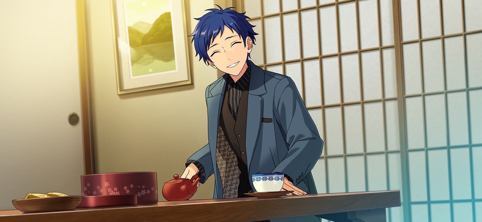 happy elements, fushimi yuzuru, ensemble stars!, game cg, official art, third-party source, 1boy, black vest, blue hair, buttons, chance basara night (ensemble stars!), clenched teeth, collared shirt, cup, facing viewer, fingernails, indoors, jacket, lapels, long sleeves, male focus, mole, mole under eye, notched lapels, open clothes, open jacket, picture frame, shirt, short bangs, short hair, smile, solo, striped clothes, teacup, teapot, teeth, vest