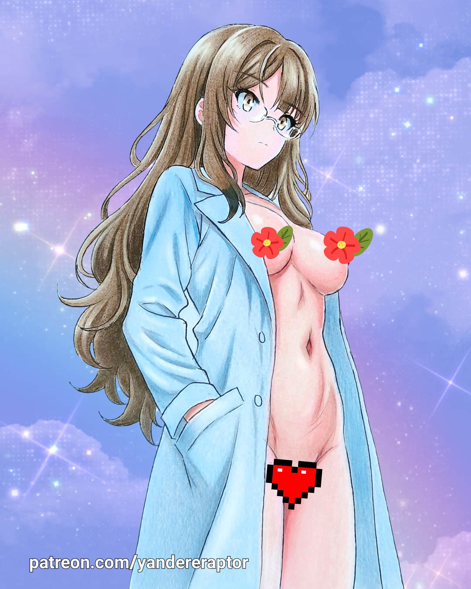 yandereraptor, futaba rio, seishun buta yarou, colored pencil (medium), highres, photo (medium), traditional media, 1girl, breasts, brown eyes, brown hair, censored, cleavage, closed mouth, coat, completely nude, eyebrows hidden by hair, from below, hand in pocket, lab coat, large breasts, long hair, looking ahead, naked lab coat, navel, novelty censor, nude, semi-rimless eyewear, solo, sparkle, stomach, underboob, watermark, web address, white coat