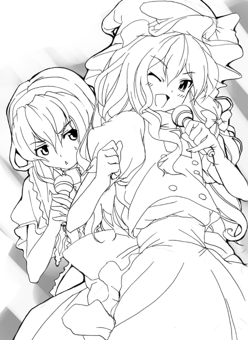 date (senpen), alice margatroid, kirisame marisa, touhou, 2girls, female focus, greyscale, microphone, monochrome, multiple girls