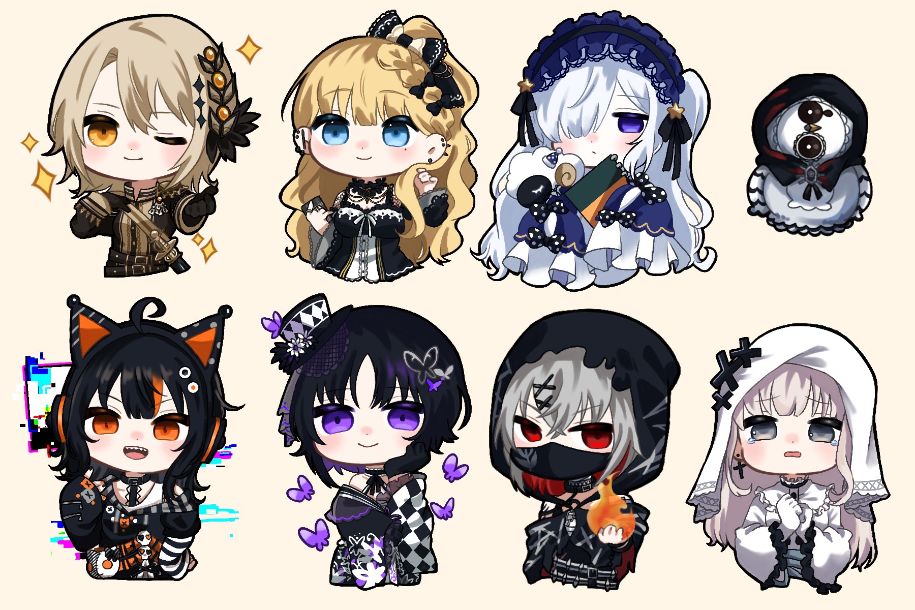 konishi chanmaru, hikami meruru, houshou margo, natsume anan, saeki miria, mahou shoujo no majo saiban, hashtag-only commentary, highres, 6+girls, :d, animal ear headphones, animal ears, bird, black bow, black gloves, black hair, black jacket, blonde hair, blue eyes, blue hairband, bow, bug, butterfly, butterfly hair ornament, butterfly hat ornament, cat ear headphones, chibi, chibi only, closed mouth, colored inner hair, cross, cross earrings, dress, ear piercing, earrings, empty eyes, epaulettes, fake animal ears, flower, frilled dress, frills, gloves, gokuchou, gothic lolita, grey hair, hair ornament, hair over one eye, hairband, hasumi reia, hat, hat flower, hat ornament, headphones, holding, holding sketchbook, insect, jacket, japanese clothes, jewelry, lolita fashion, lolita hairband, long hair, long sleeves, looking at viewer, magical girl, multicolored hair, multiple girls, open mouth, orange eyes, orange streaks, owl, parted bangs, piercing, priestess, purple butterfly, purple eyes, red eyes, sash, sawatari koko, sharp teeth, shitou arisa, short hair, shoulder sash, sketchbook, sleeves past fingers, sleeves past wrists, smile, stuffed animal, stuffed sheep, stuffed toy, teeth, top hat, upper body, veil, wa lolita, white dress, white gloves, white hair, white veil, x hair ornament, yellow eyes