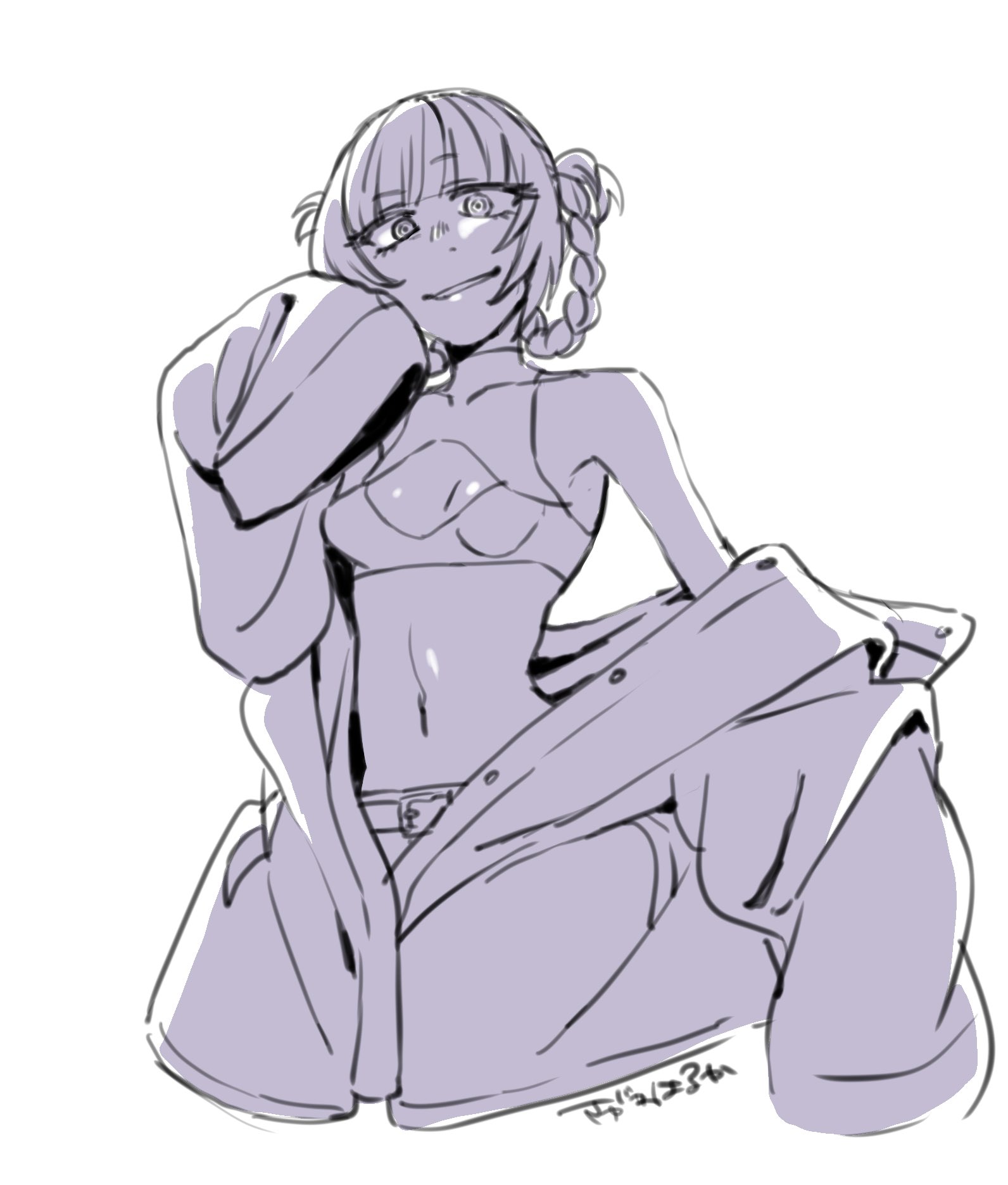 sagawa haruka, nanakusa nazuna (yofukashi no uta), yofukashi no uta, highres, 1girl, belt, blunt bangs, braid, braided hair rings, breasts, crop top, greyscale, hair rings, looking at viewer, monochrome, navel, ringed eyes, short hair, simple background, sleeveless, sleeves past wrists, smile, solo, turtleneck, white background