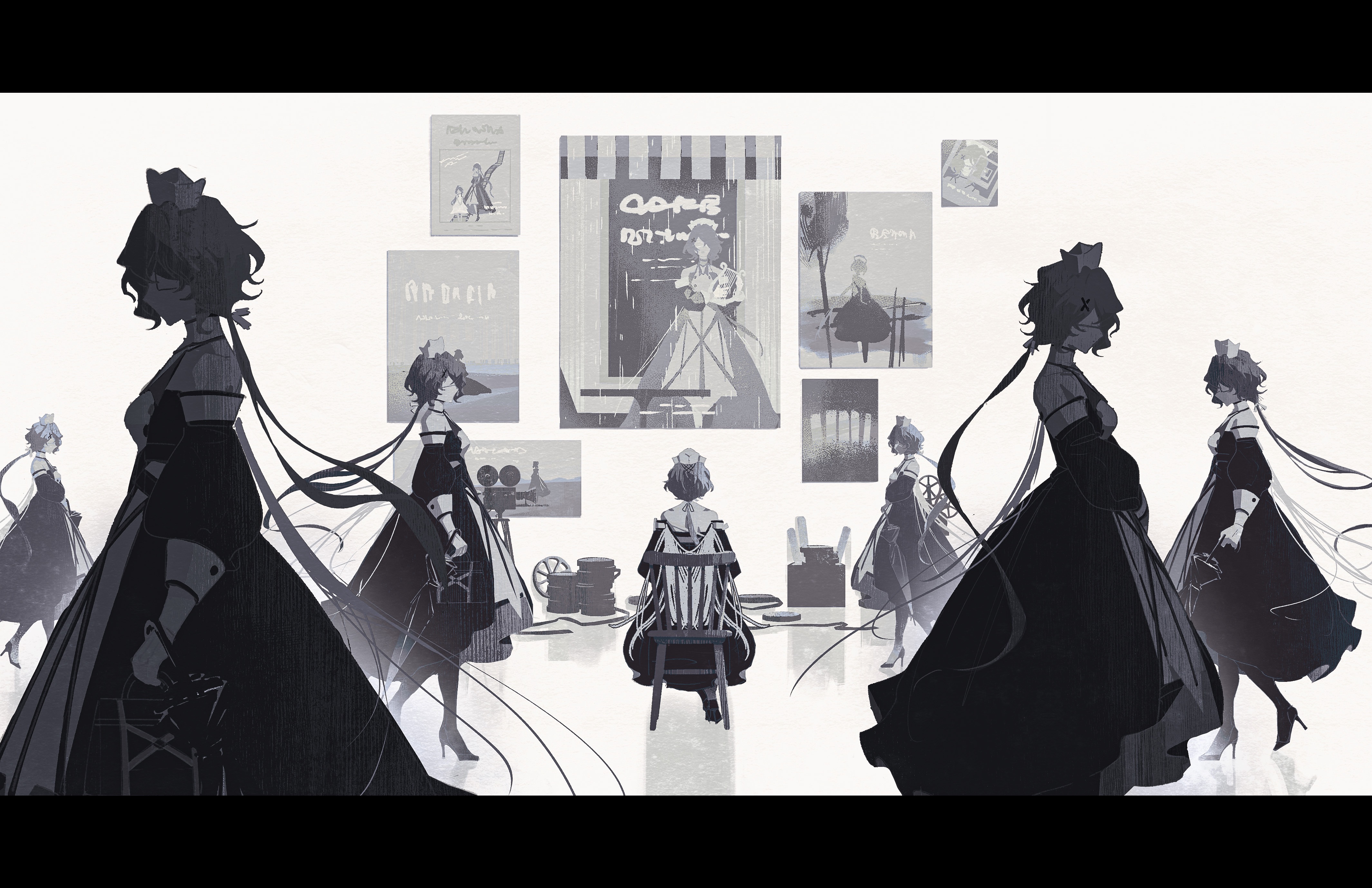 ek276, whisperain (arknights), arknights, absurdres, chinese commentary, commentary request, highres, 6+girls, chair, clone, dress, eyepatch, film reel, from behind, hat, high heels, holding, holding instrument, holding lyre, instrument, letterboxed, long hair, long sleeves, lyre, multiple girls, nurse cap, ponytail, projector, sitting, walking