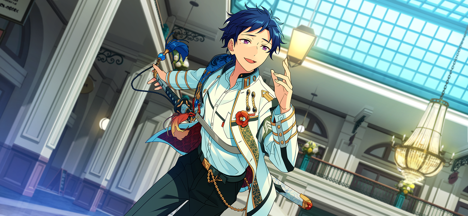 happy elements, fushimi yuzuru, ensemble stars!, game cg, official art, third-party source, 1boy, belt, blue hair, buttons, chance basara night (ensemble stars!), fingernails, hands up, hanging light, indoors, katana, long sleeves, male focus, mole, mole under eye, open mouth, outstretched hand, pants, purple eyes, short bangs, short hair, solo, sword, weapon