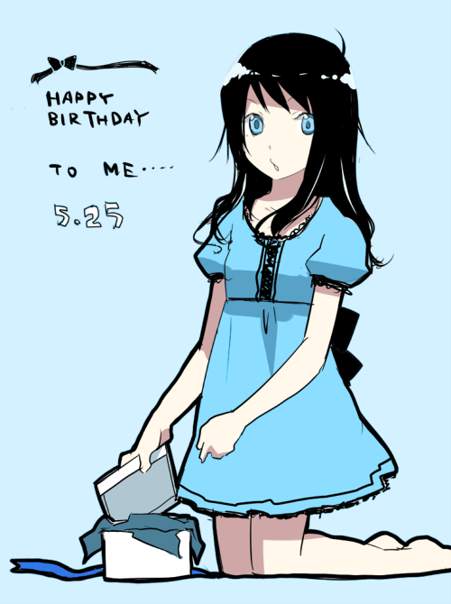 ecocube, eka eri, original, 1girl, barefoot, birthday, black hair, blue eyes, dress, female focus, gift, holding, holding gift, kneeling, long hair, solo
