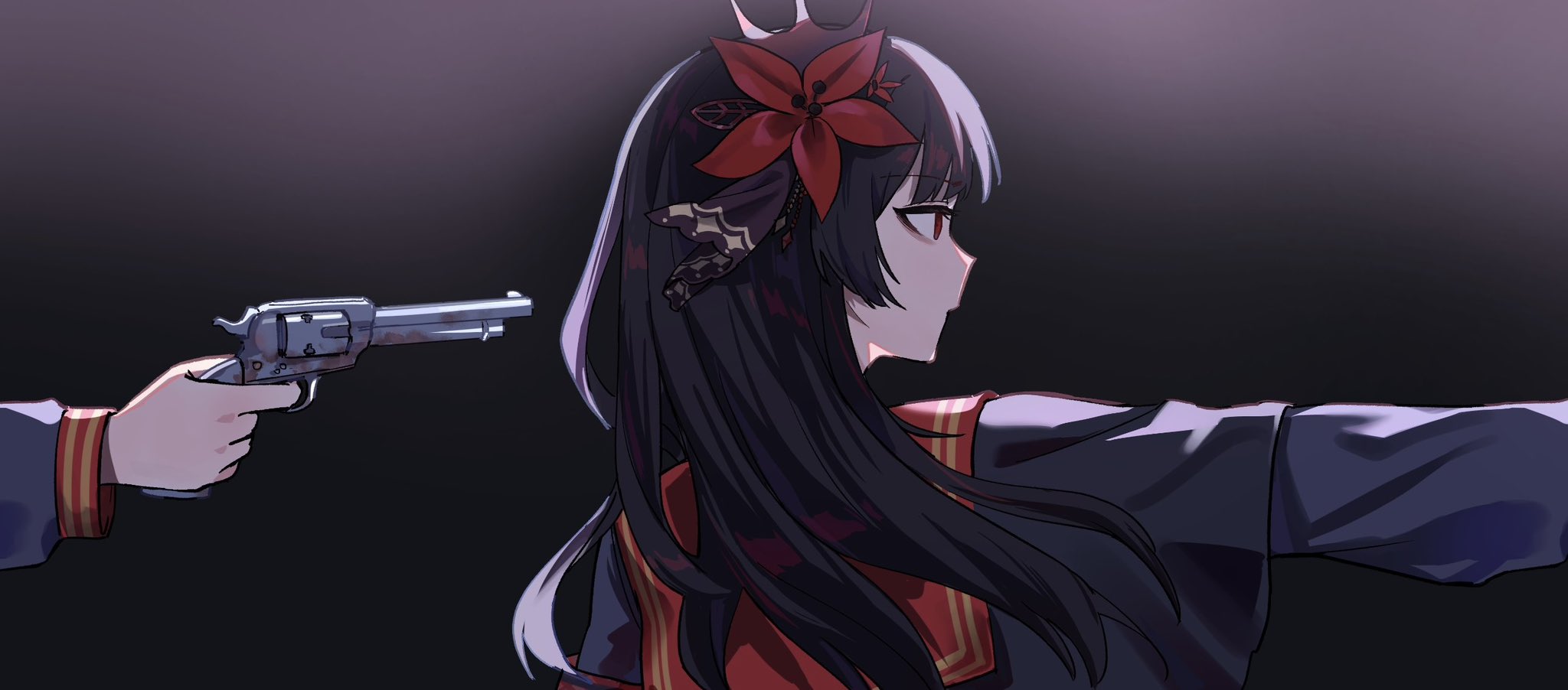 zhe li (jelly0006), nikaidou hiro, mahou shoujo no majo saiban, commentary request, highres, spoilers, 2girls, black background, black hair, clone, flower, from behind, gradient background, gun, gun to head, hair flower, hair ornament, handgun, holding, holding gun, holding weapon, long hair, long sleeves, magical girl, multiple girls, out of frame, profile, red eyes, red flower, red sailor collar, sailor collar, upper body, weapon