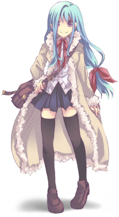 ateru, original, 1girl, bag, black thighhighs, bow, coat, female focus, hair bow, long hair, looking at viewer, pleated skirt, ribbon, shoulder bag, simple background, skirt, smile, solo, thighhighs, white background, zettai ryouiki