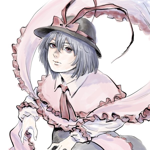 itou kurosuke, nagae iku, touhou, commentary request, 1girl, black hat, black skirt, bow, capelet, frilled capelet, frills, hat, hat bow, looking at viewer, marshmallow (site), parted lips, pink capelet, purple hair, red bow, red eyes, short hair, simple background, skirt, solo, white background